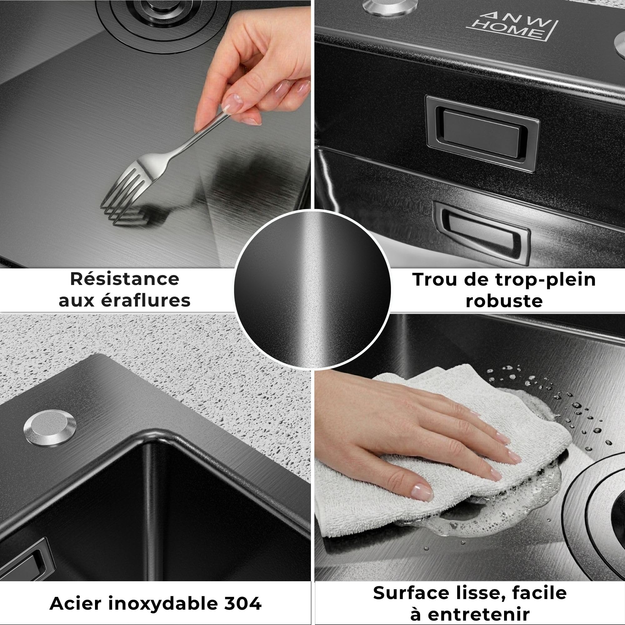 ANW HOME Evier Cuisine 1 Bac, Evier Inox, Évier à Encastrer avec Égouttoir 78x50 cm, Graphite PVD, Finition Nano, Épaisseur 3,0+1 mm