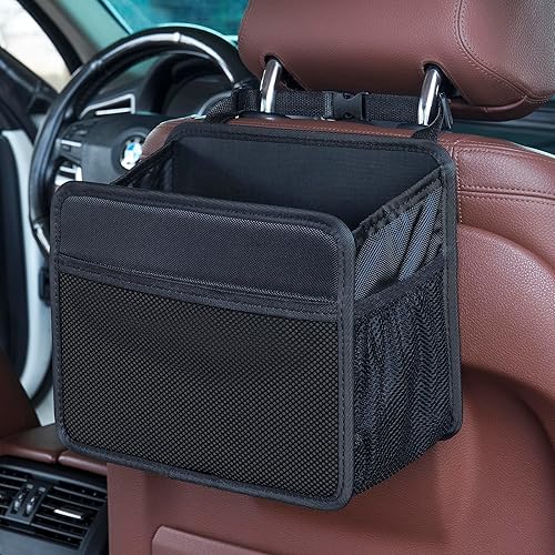 Organizador de respaldo de asiento de automóvil mejorado, organizador de cuero sintético premium para asiento delantero y trasero con portavasos,