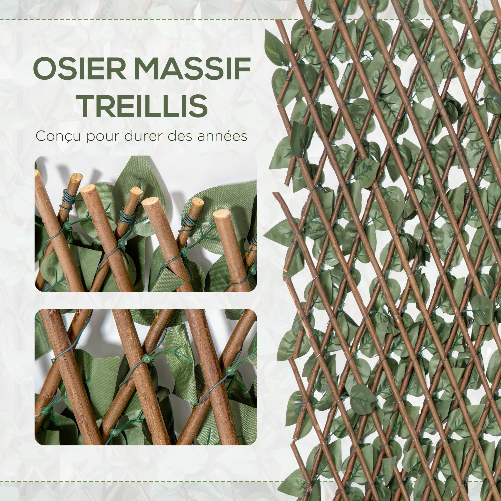 Outsunny Lot de 4 Haies Artificielles de Lierre, Feuilles Murale Brise-vue Extensible en Polyester Osier, Clôture Décorative Artificielle 200 x 100 cm pour Jardin Extérieur Balcon Terrasse, Vert
