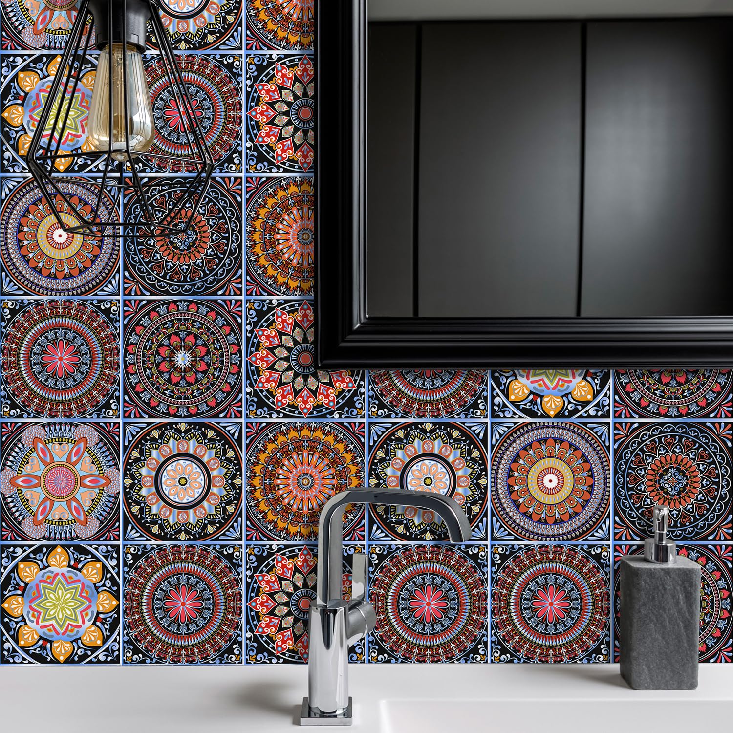 Alwayspon 24Pcs 15x15cm Retro Vinyl Wall Tile Transfer Stickers, Peel and Stick Waterproof Splashback Self-Adhesive PVC Sticker Stick on Tile for Kitchen Bathroom Decor, Black Sunflower