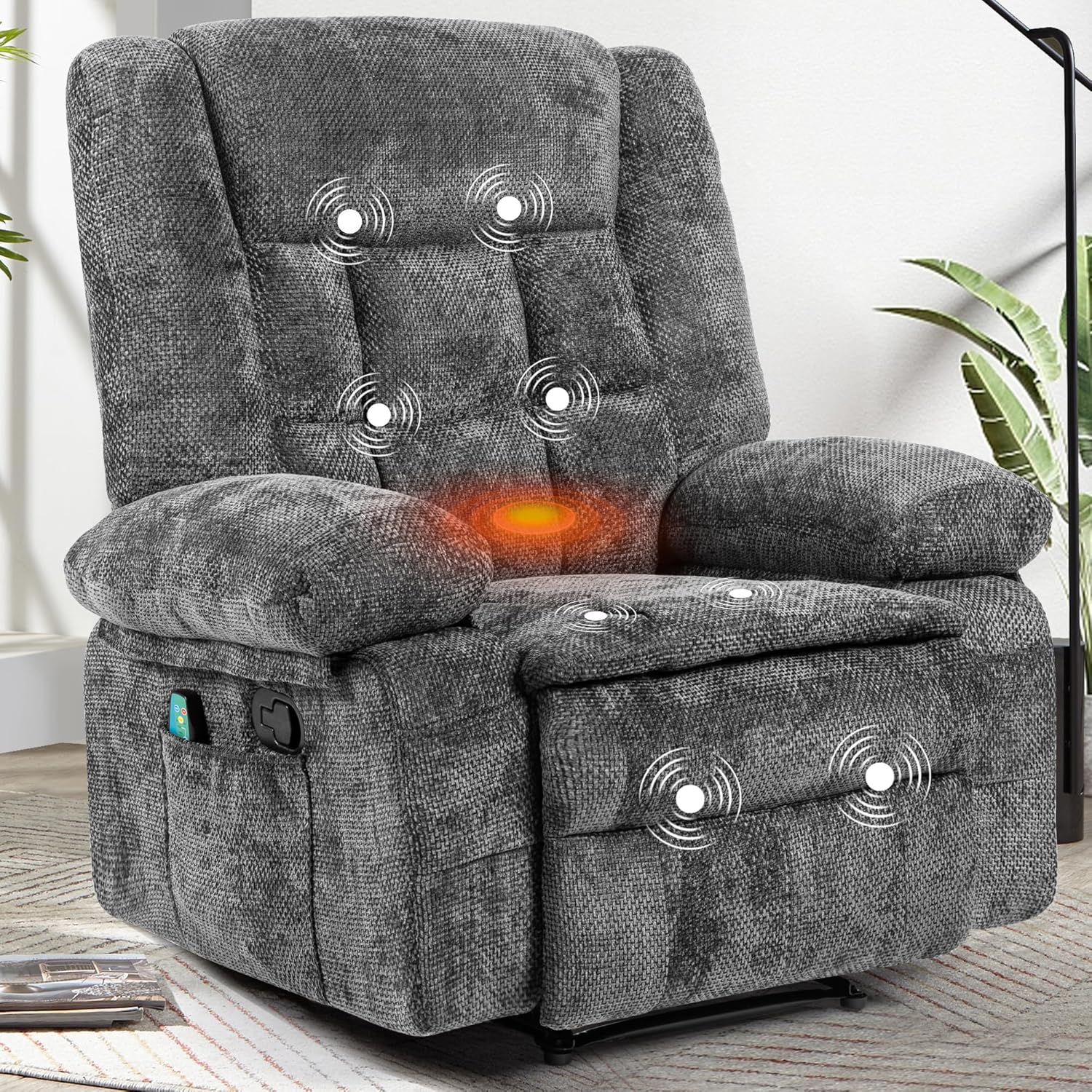 Recliner Chair for Adults with Massage and Heat, Fabric Reclining Chair with Side Pockets, Living Room Single Sofa Chair, Dark Grey