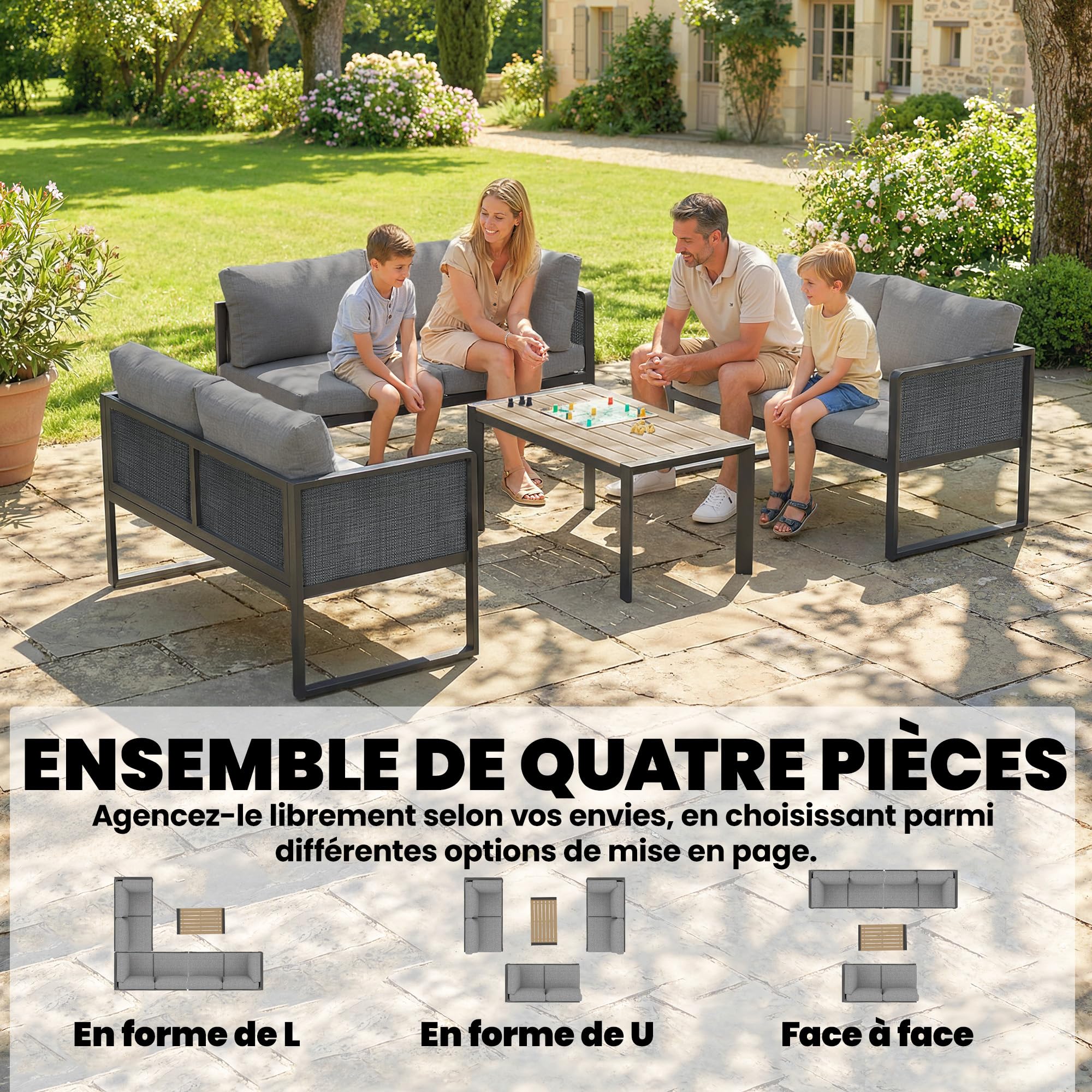 Outsunny Salon de Jardin Extérieur d'angle Modulable 6 Personnes Gris Foncé | Canapés, Table Basse à Lattes Effet Bois, Coussins, Structure en Métal et Textileline, Mobilier de Jardin Terrasse Balcon