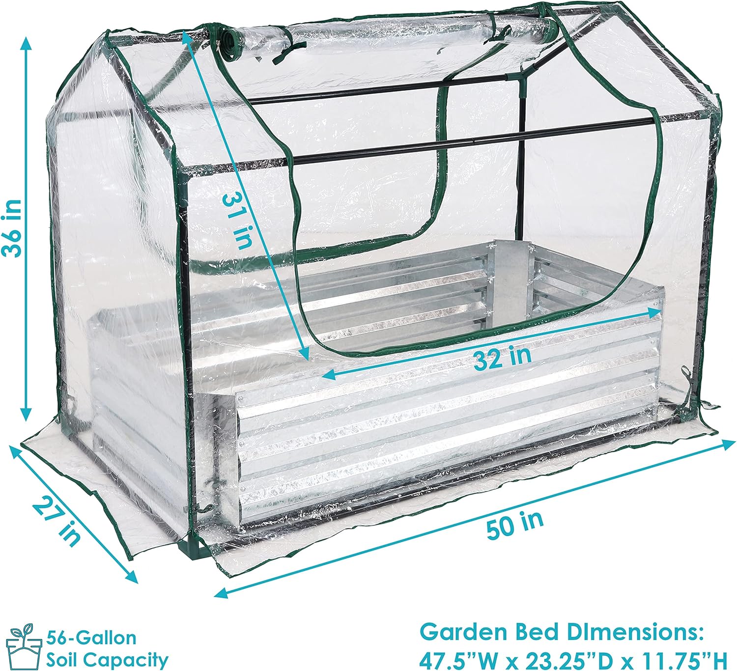 Sunnydaze Steel Raised Garden Bed with Mini Greenhouse - Outdoor Greenhouse Kit - 2 Zippered Doors - Clear - 4' x 2'