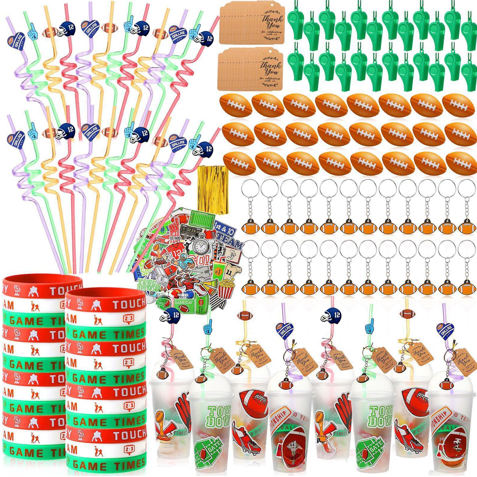 Weysat 268 Pcs Football Party Favors Sets for 24 People Birthday Gifts Goody Cups with Straws Key Chains Whistles Silicone Wristbands Stickers Thank
