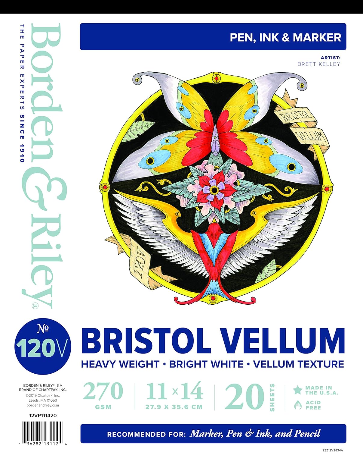 Borden & Riley #120V Bristol Heavyweight Vellum Pad, 11" x 14", 270 GSM, 20 White Sheets, 1 Pad Each (12VP111420) : Tracing Paper : Arts, Crafts & Sewing