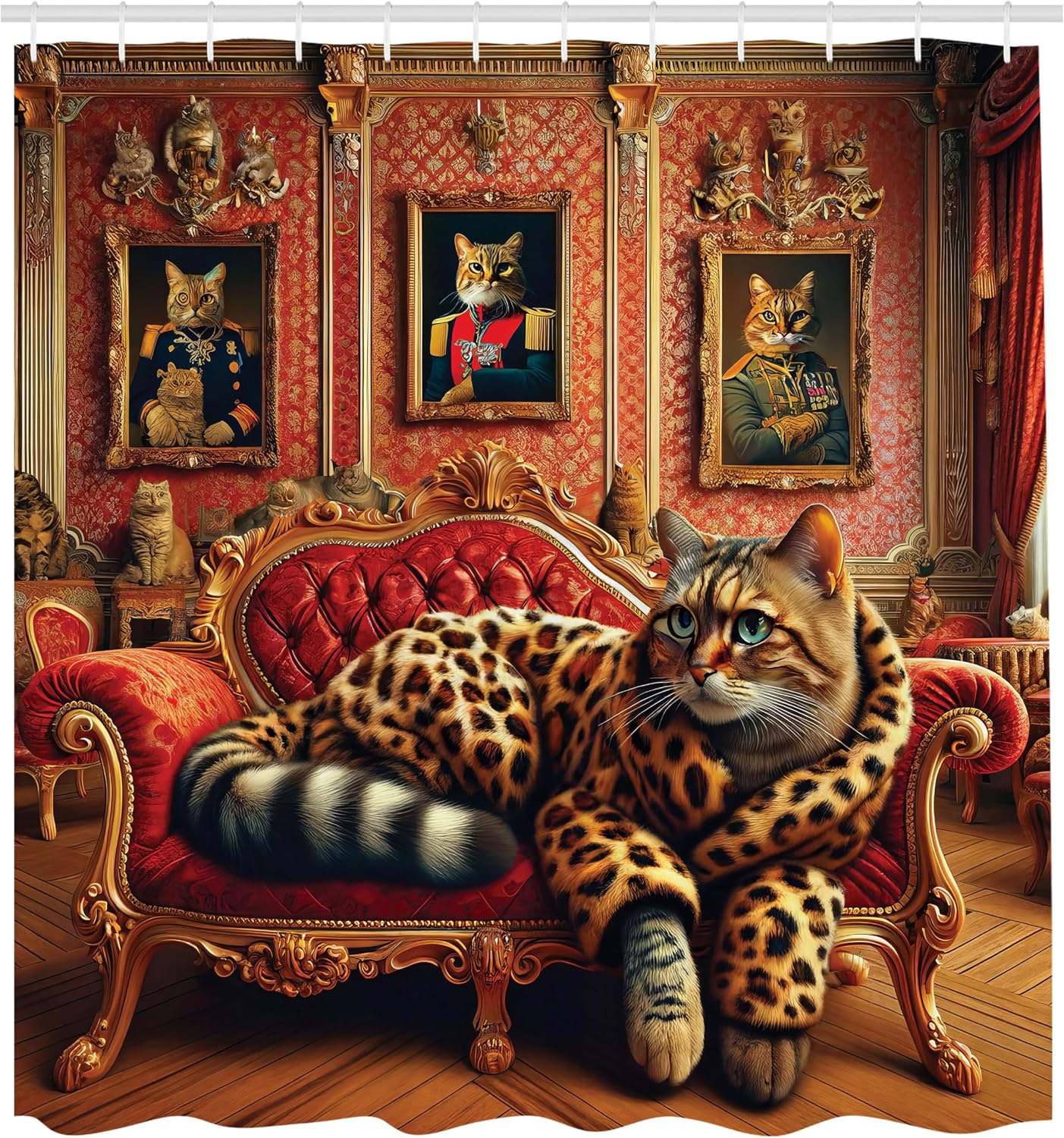 Ambesonne Cat Shower Curtain, Royal Kitty in Leopard Coat Laying on Lounge Sofa Whimsical Humorous Animal Art, Cloth Fabric Bathroom Decor Set with Hooks, 69" W x 84" L, Marigold Salmon image 4