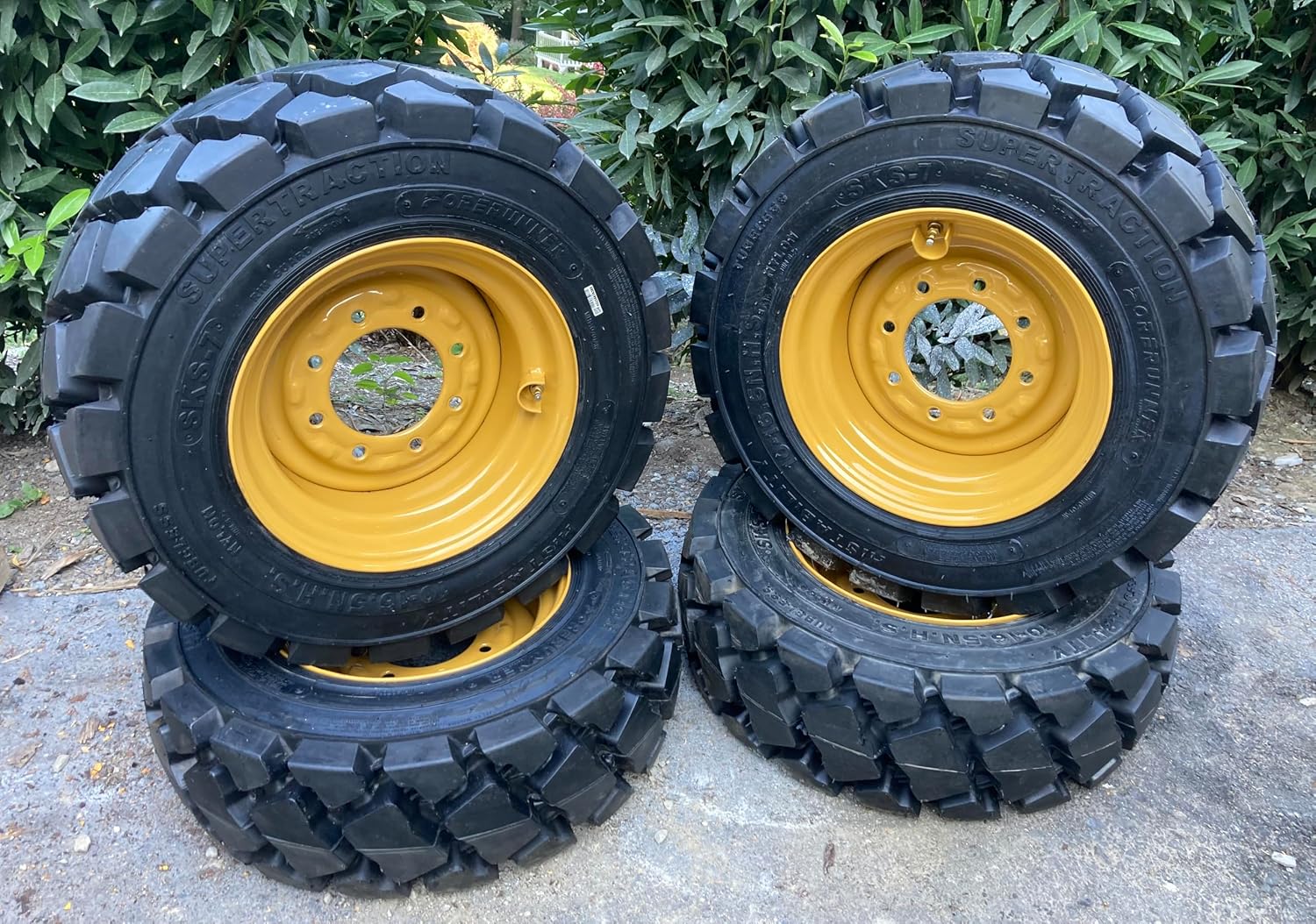 Set of 4-Heavy Duty FOAM FILLED (NO FLAT) 10-16.5 Forerunner SKS-7 Skid Steer Tires on Wheels/Rims (8 lug) for Cat, John Deere, Gehl, Mustang & more -12PLY-10X16.5