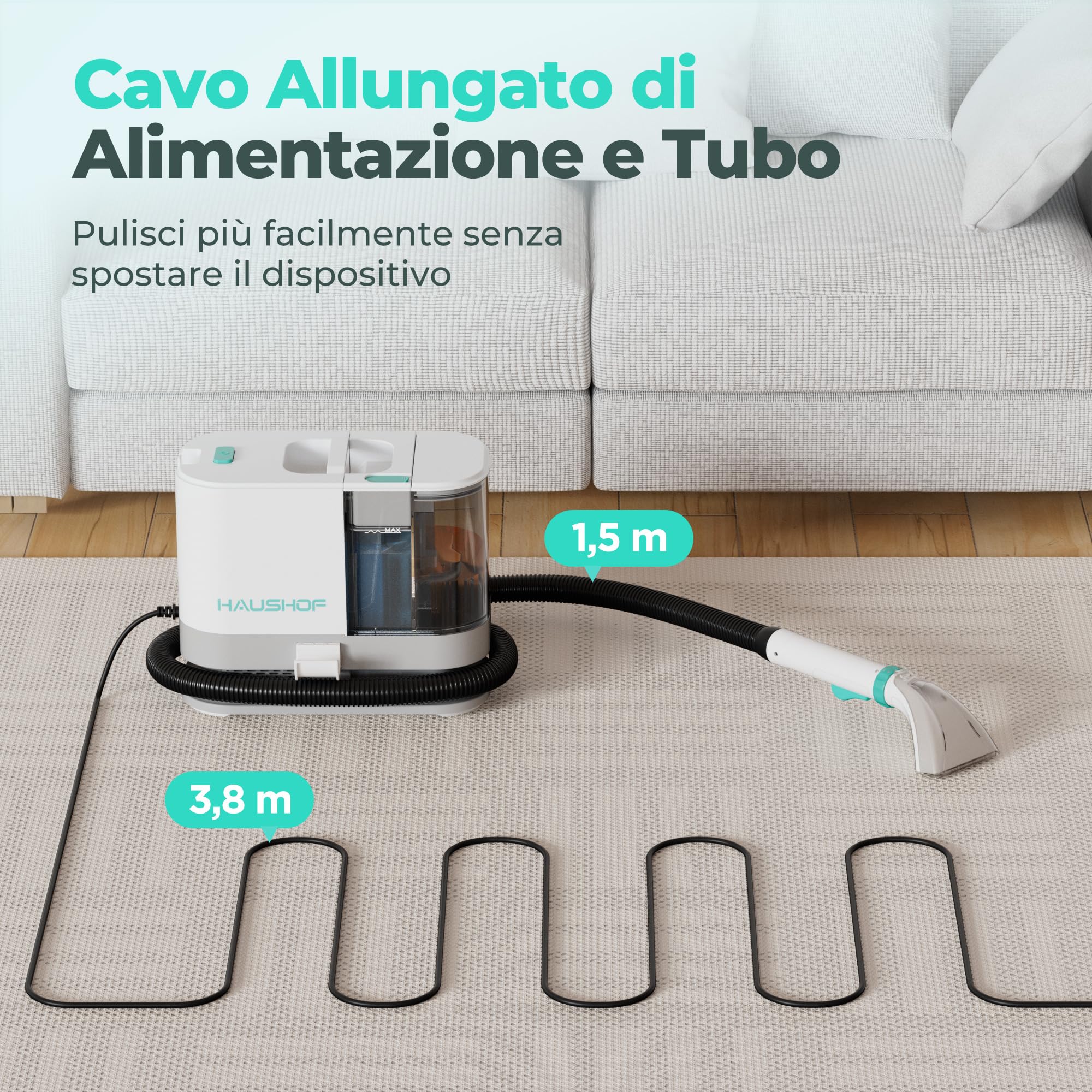 HAUSHOF Lavatappeti Portatile per Tappeti e Divani, Pulitore Portatile con 13 kPa di Potenza Aspirante, Ideale per Rimuovere Macchie da Tappeti, Divani, Auto e letti per Animal