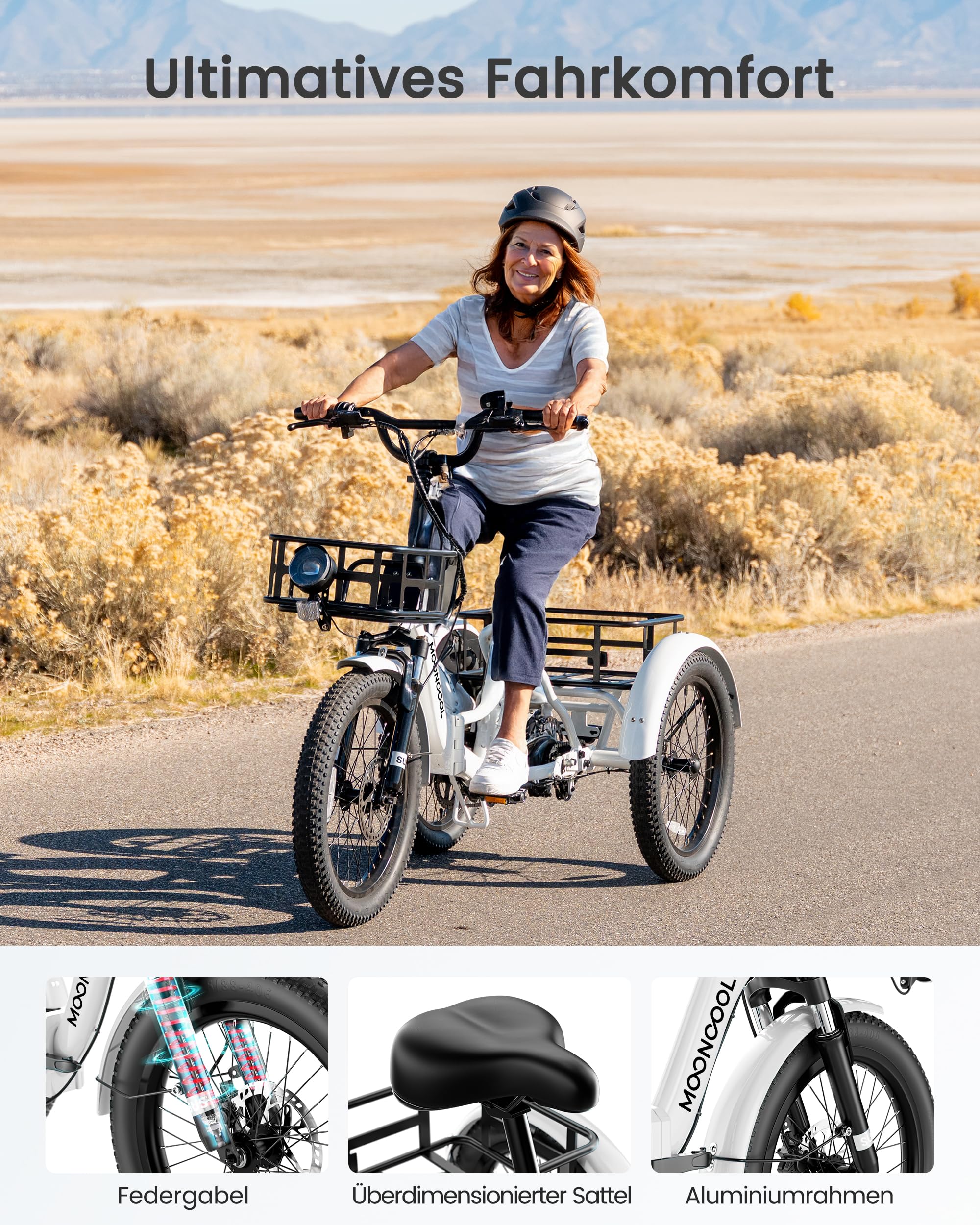 MOONCOOL E Bike Klapprad, 20" Elektrofahrräder für Herren Damen, 36V 20AH Akku, 250W Motor 45 Nm, LCD-Display, IP65 Wasserdicht, 3 Fahrmodi, mit Großen Körben & Fußstützen