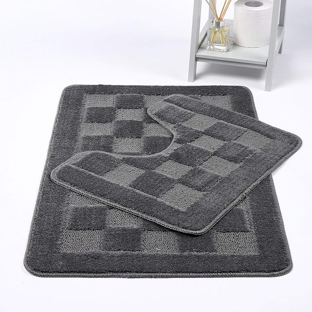 HOMES-LINEN Squares 2 Piece Bath Mat & Pedestal Set Non Slip Extra Absorbent Square Bathroom Toilet Rug Bath Mats Set (Grey)