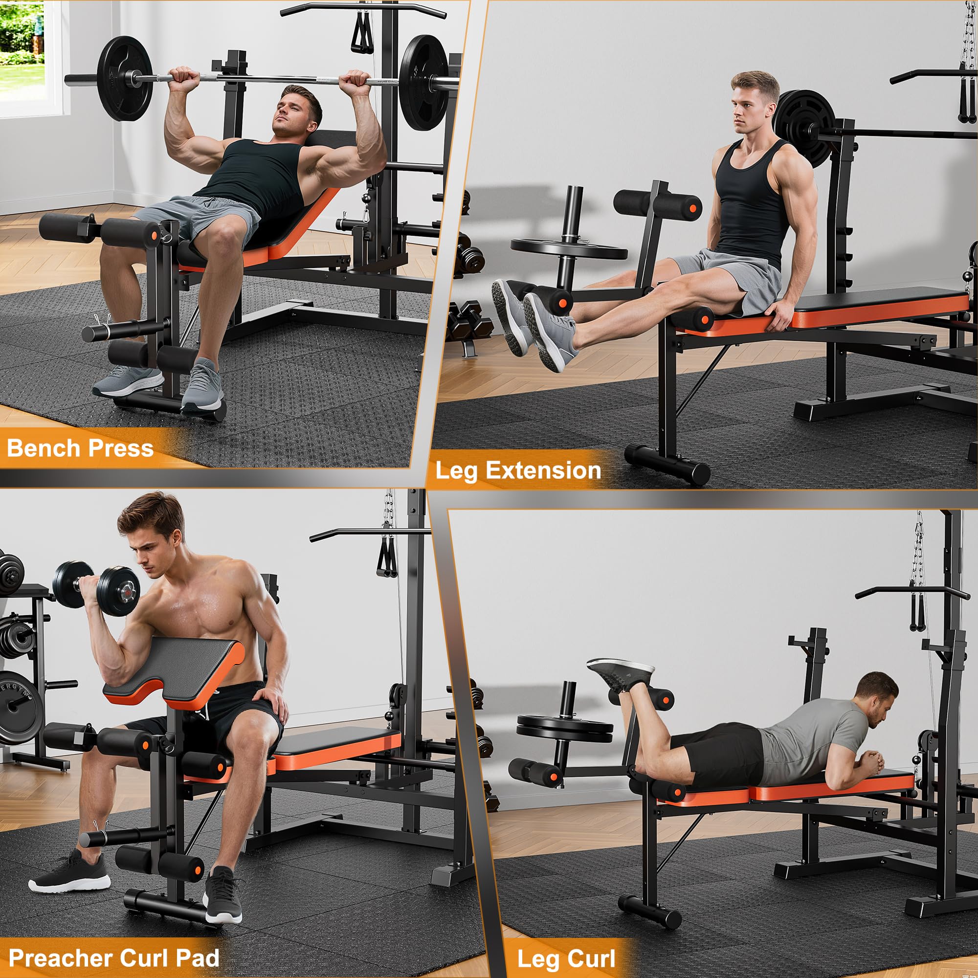 9-in-1 Olympic Weight Bench Set with Lat Pulldown, Rowing, Squat Rack, Leg Extension/Curl, Preacher Pad, 900LB Adjustable Bench Press for Home Gym Weight Lifting Full-Body Workout