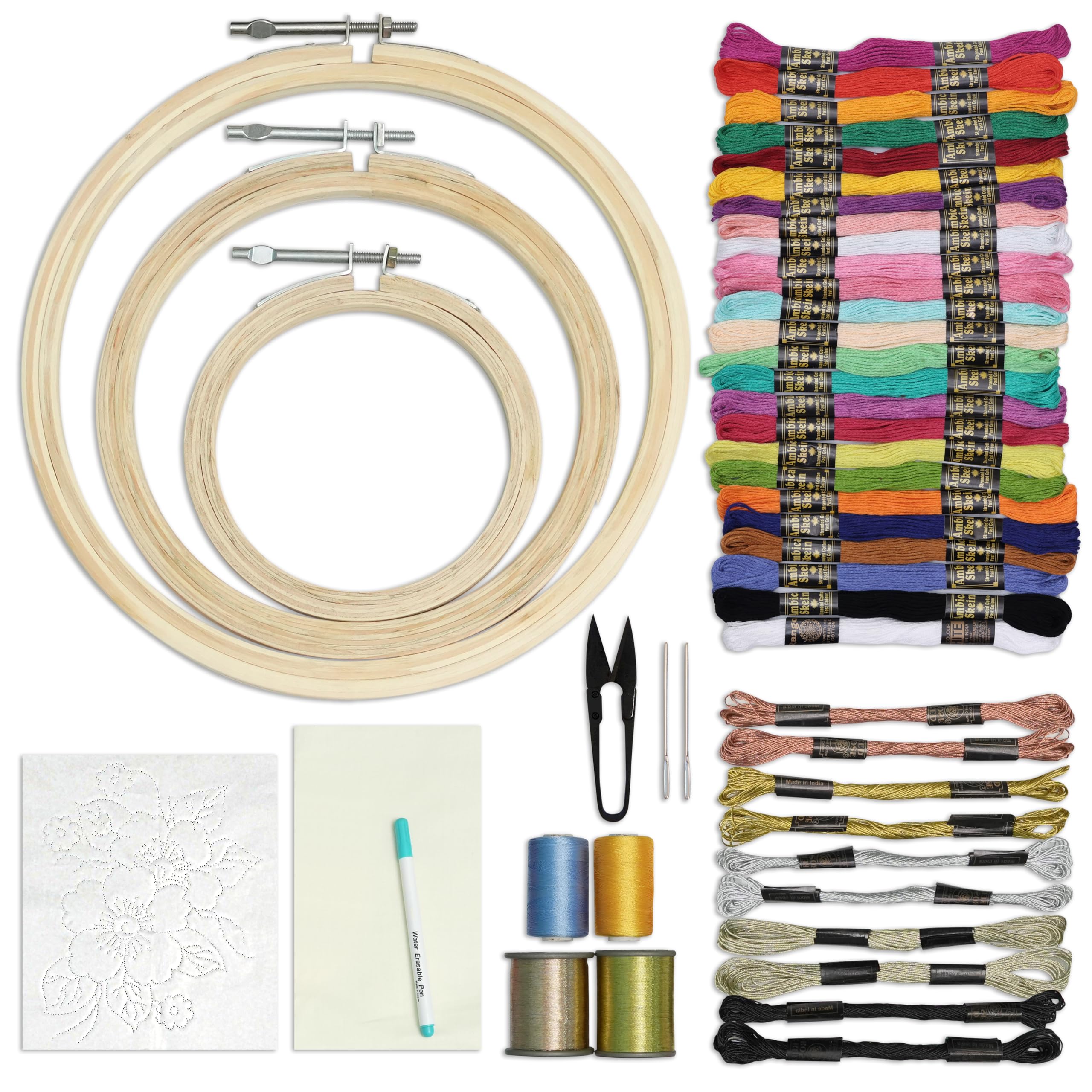 Embroiderymaterial Beginners Kit Do Cross Stitch /Embroidery on 3Size Hoops 25 Cotton 10 Lurex 2 Zari 2 Art Silk Threads 2 Needle 1 Each Pinned Flower Design Tracing Pen Fabric and Cutter,Multi