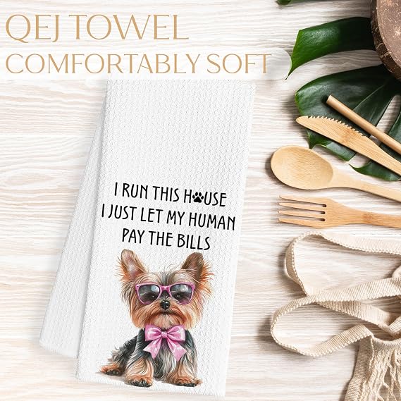 Funny Yorkshire Terrier Kitchen Dish Towels, Yorkie Gifts for Women, Dog Mom Gifts, Coquette Pink Bow Yorkie Decorative Hand Tea Towels for Bathroom Kitchen, 16x24 Inch