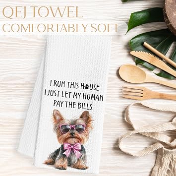 Funny Yorkshire Terrier Kitchen Dish Towels, Yorkie Gifts for Women, Dog Mom Gifts, Coquette Pink Bow Yorkie Decorative Hand Tea Towels for Bathroom Kitchen, 16x24 Inch