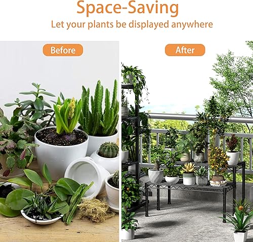 Miniatura 4 de Xiofio Soporte de metal de 3 niveles para plantas al aire libre e interior, impermeable, apilable, resistente, soporte para macetas para jardín,