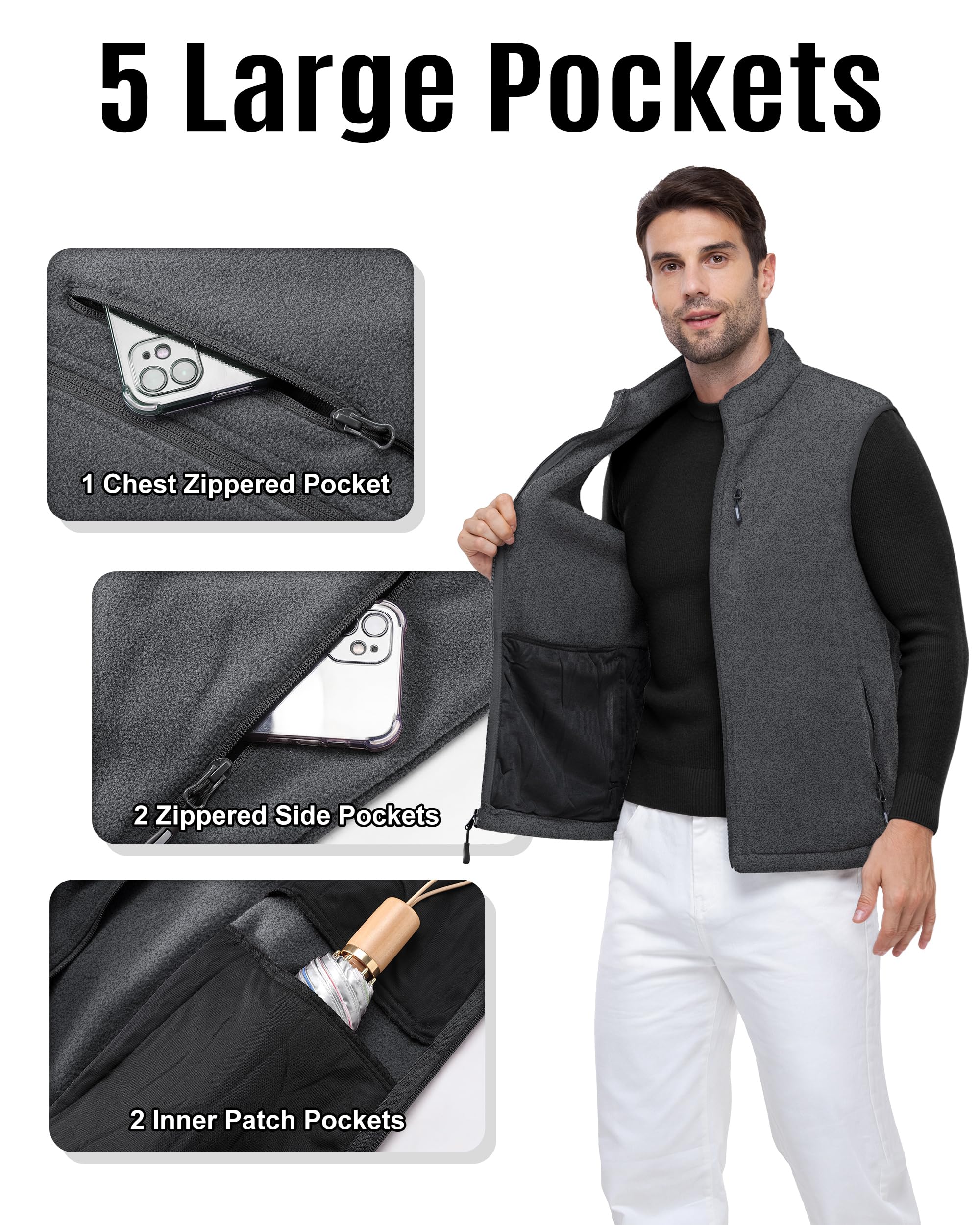 Outdoor Ventures Gilet in pile da uomo Full Zipp, caldo gilet da uomo, senza maniche, con 5 tasche, Atumngsaktivaktiven, per escursioni, campeggio