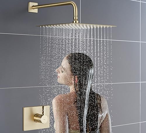 Miniatura 6 de SOOOHOT Juego de accesorios de ducha de oro cepillado, juego de grifo de bañera y ducha con cabezal de ducha dorado de 12 pulgadas y boquilla de