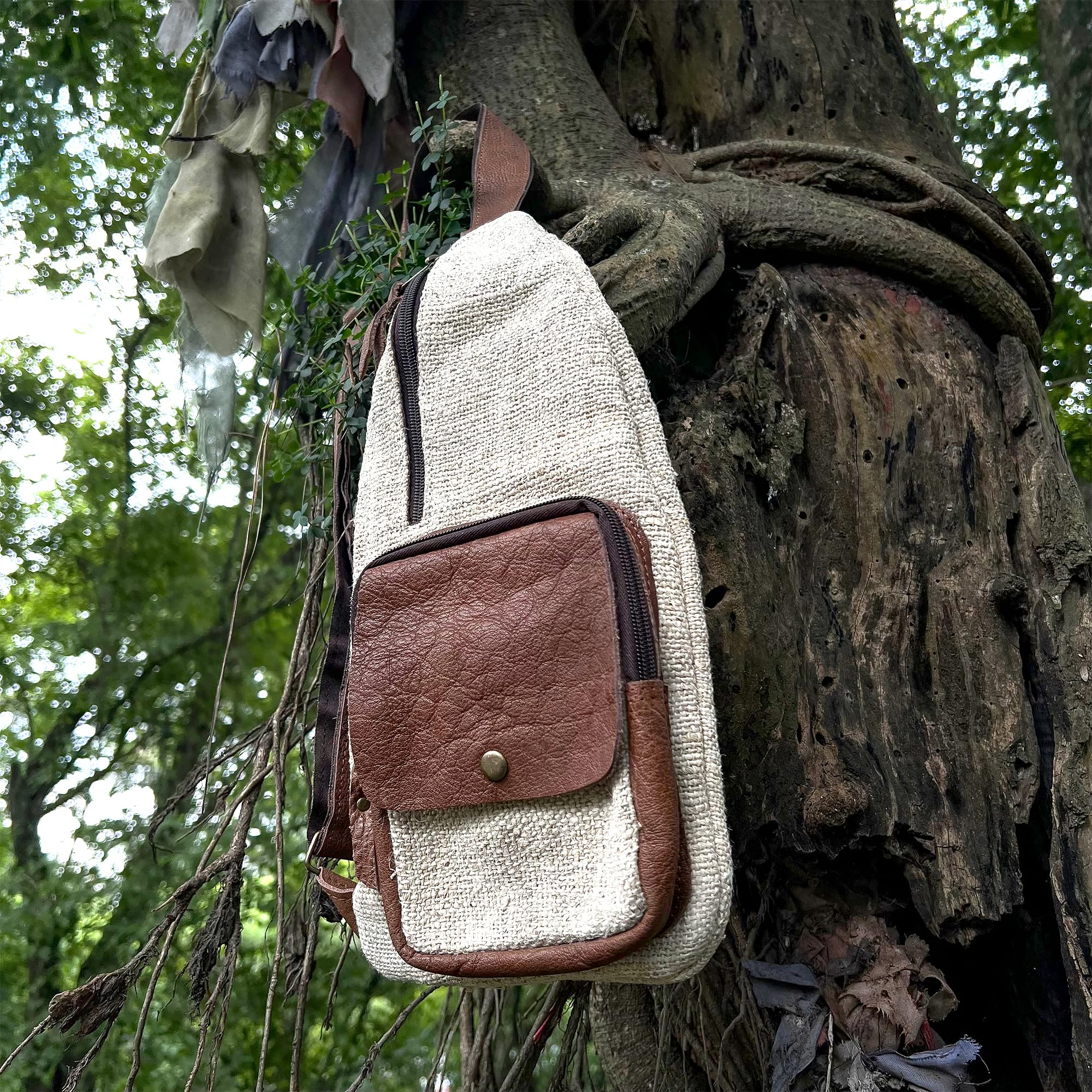 Bolso bandolera de algodón de cáñamo hecho a mano con correa de cuero, 100% natural, fabricado en Nepal