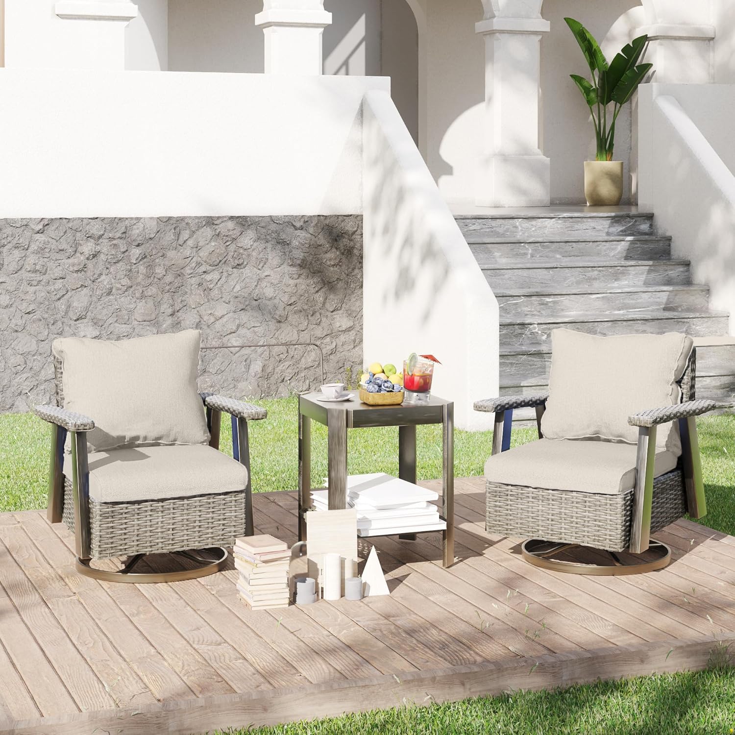 Diagram showing product dimensions for the swivel rocker chair and side table