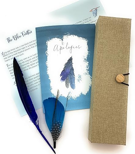 Smiling Wisdom - Tarjeta de felicitación con texto en inglés "I Sorry Apologies y dos plumas reales simbólicas en una caja de lino" - Hermosa