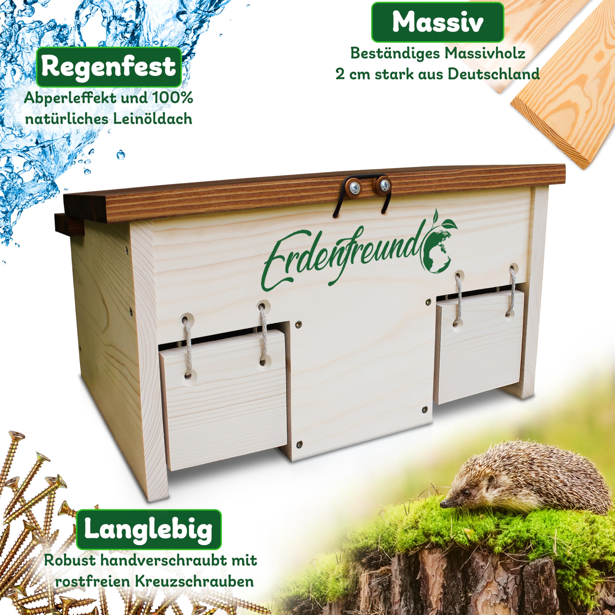 ERDENFREUND® Igelfutterhaus mit Rattenklappe + 2er Set Wasser- & Futternapf Igelhaus mit Rattenklappe artgerecht 2 Labyrinth Eingänge & Dachverschluss(Igelfutterhaus inkl. 2er Set Wasser-& Futternapf)