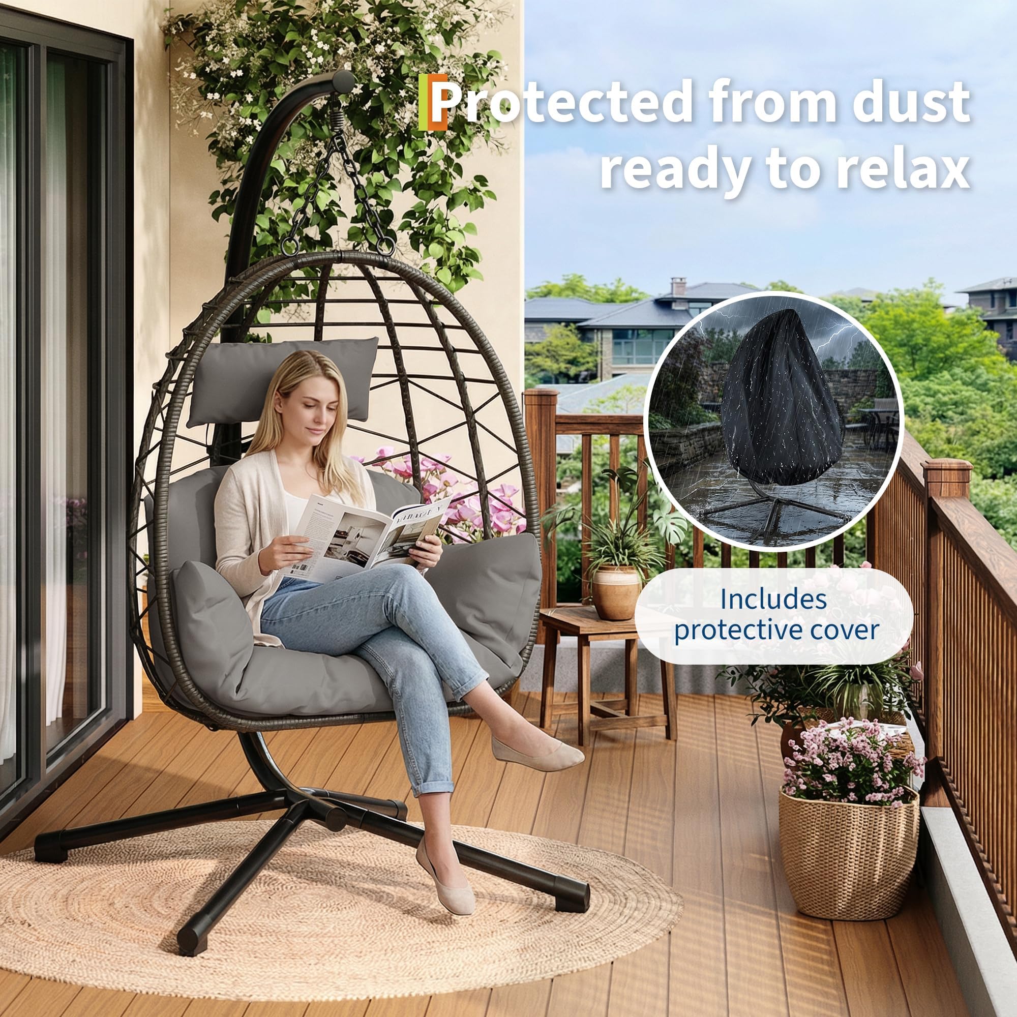 Fauteuil Oeuf Suspendu sur Pied, avec Coussins Gris et Housse Imperméable Noire, Chaise Hamac Suspendue Balancoire pour Jardin Extérieur Salon Intérieur, Gris