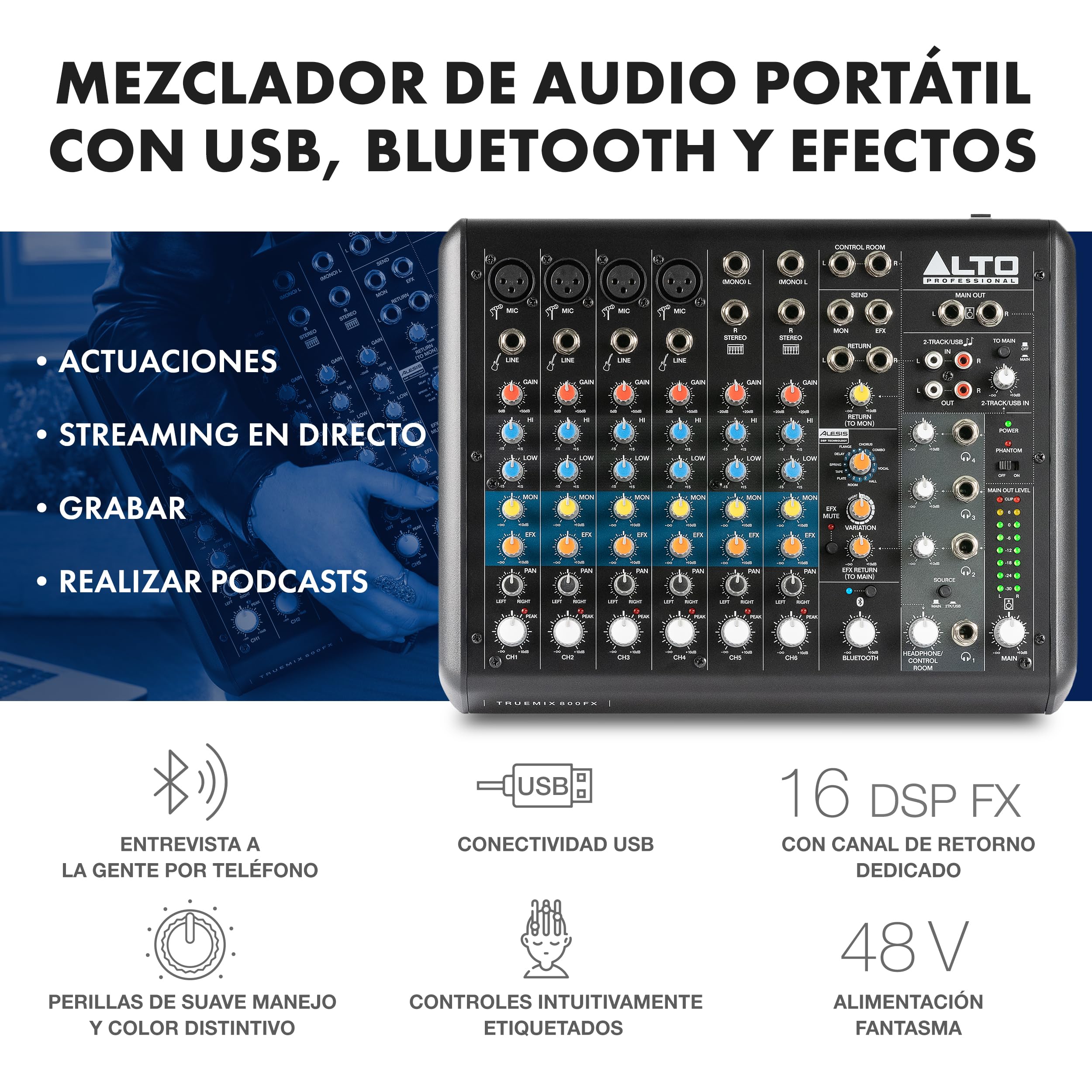 ALTO TrueMix 800FX Mesa de Mezclas Con 4 Entradas XLR de Micrófono, Interfaz de Audio USB y Bluetooth Para Podcasts, Actuaciones en Vivo, Grabaciones, DJ, Windows y Mac
