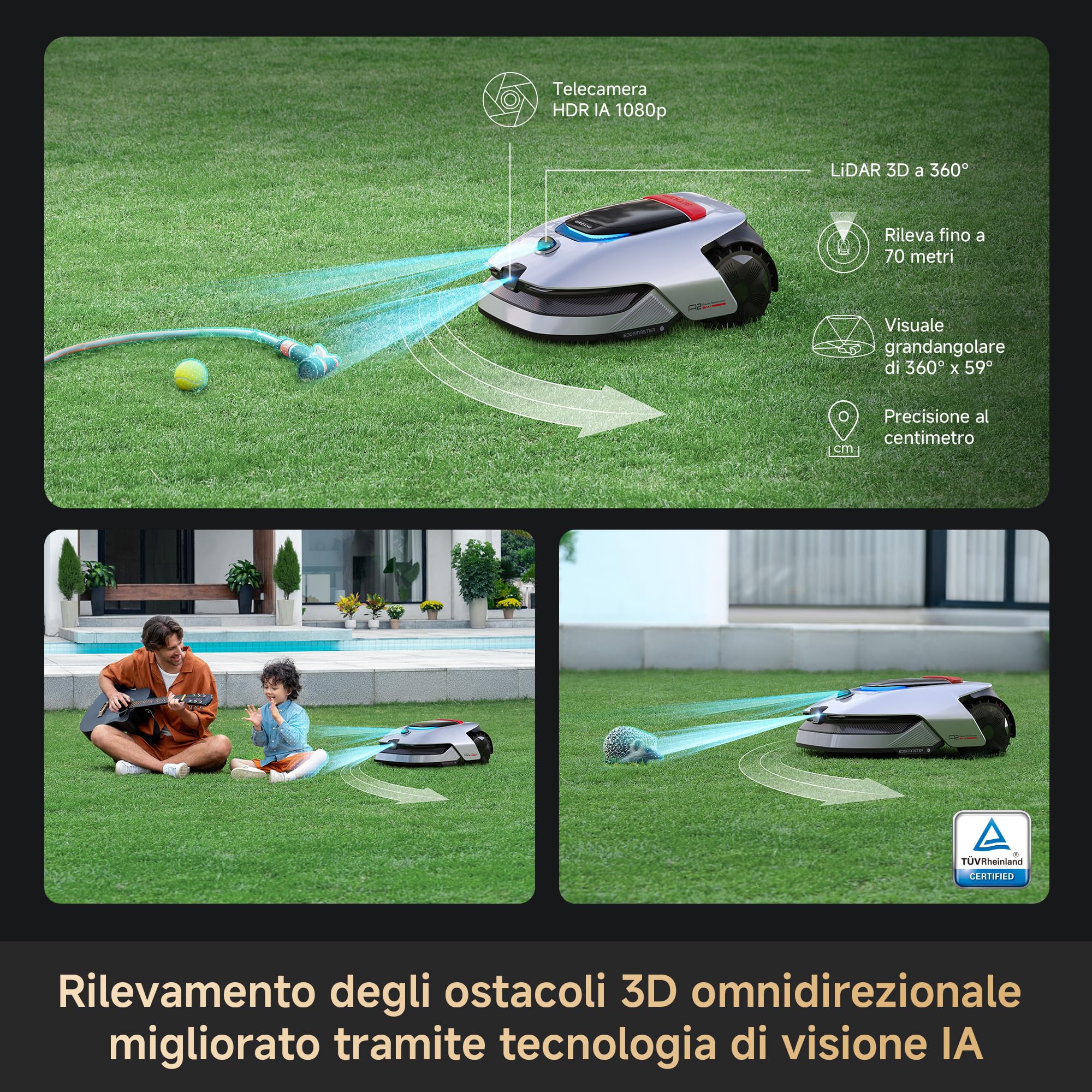 DREAME A2 1200 Tosaerba robotico – Connessione wireless senza RTK, per 1200 m², LiDAR 3D a 360° e visione AI, capacità di salita fino al 50% (26,5°), taglio di precisione EdgeMaster da 5 cm