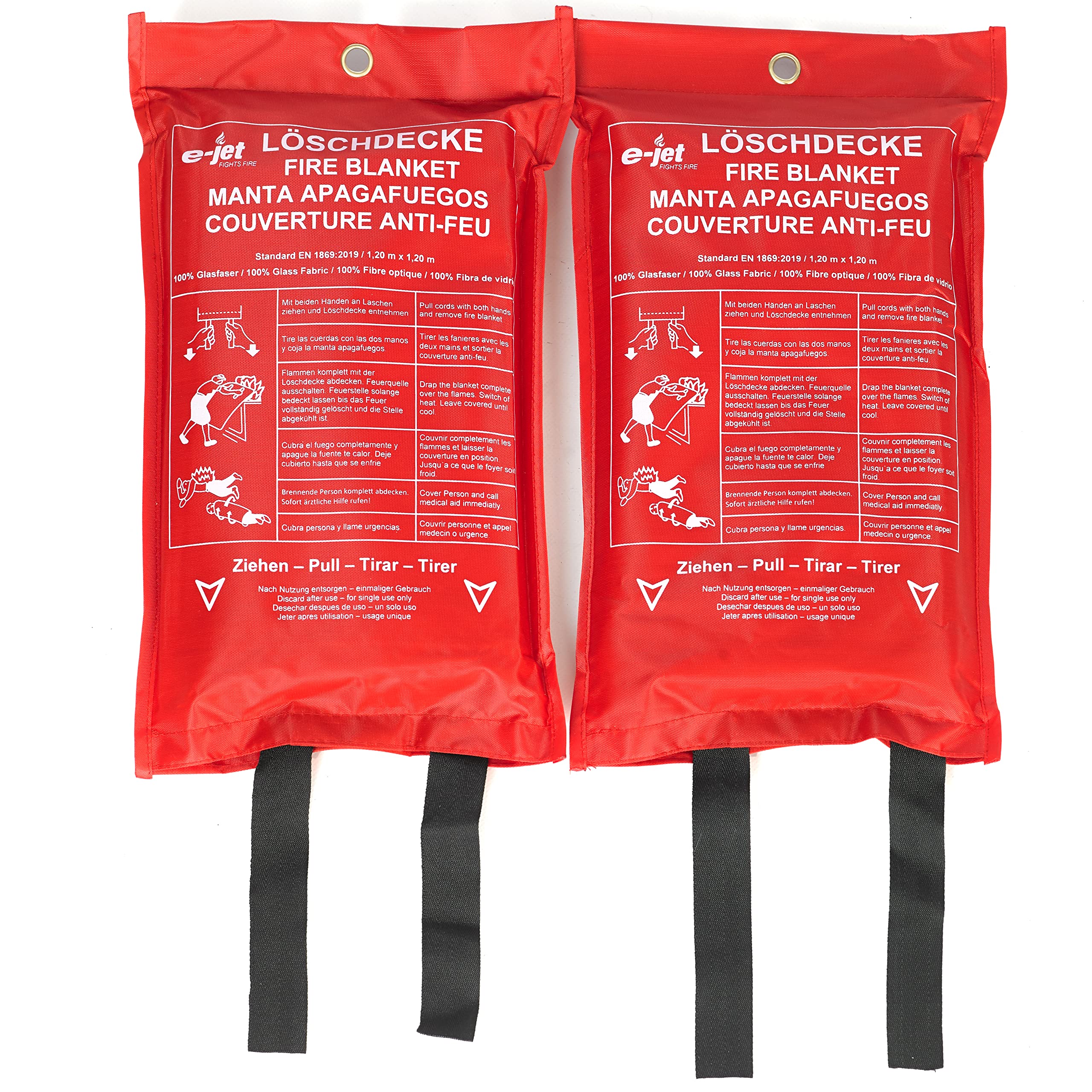 Manta ignífuga XL 120 x 120 cm – DIN EN 1896 Standard 2019 – Agente extintor de fibra de vidrio, color rojo señal, con ganchos, 2 unidades