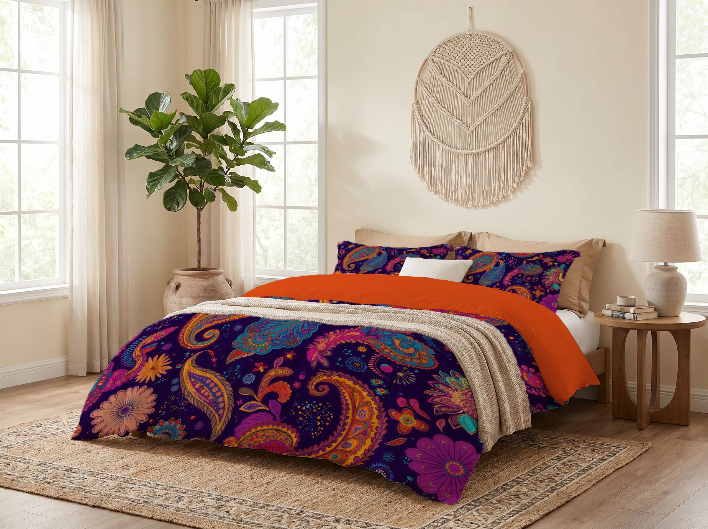 Housse de couette 200x200 microfibre fleurs ethniques lit 2 personnes