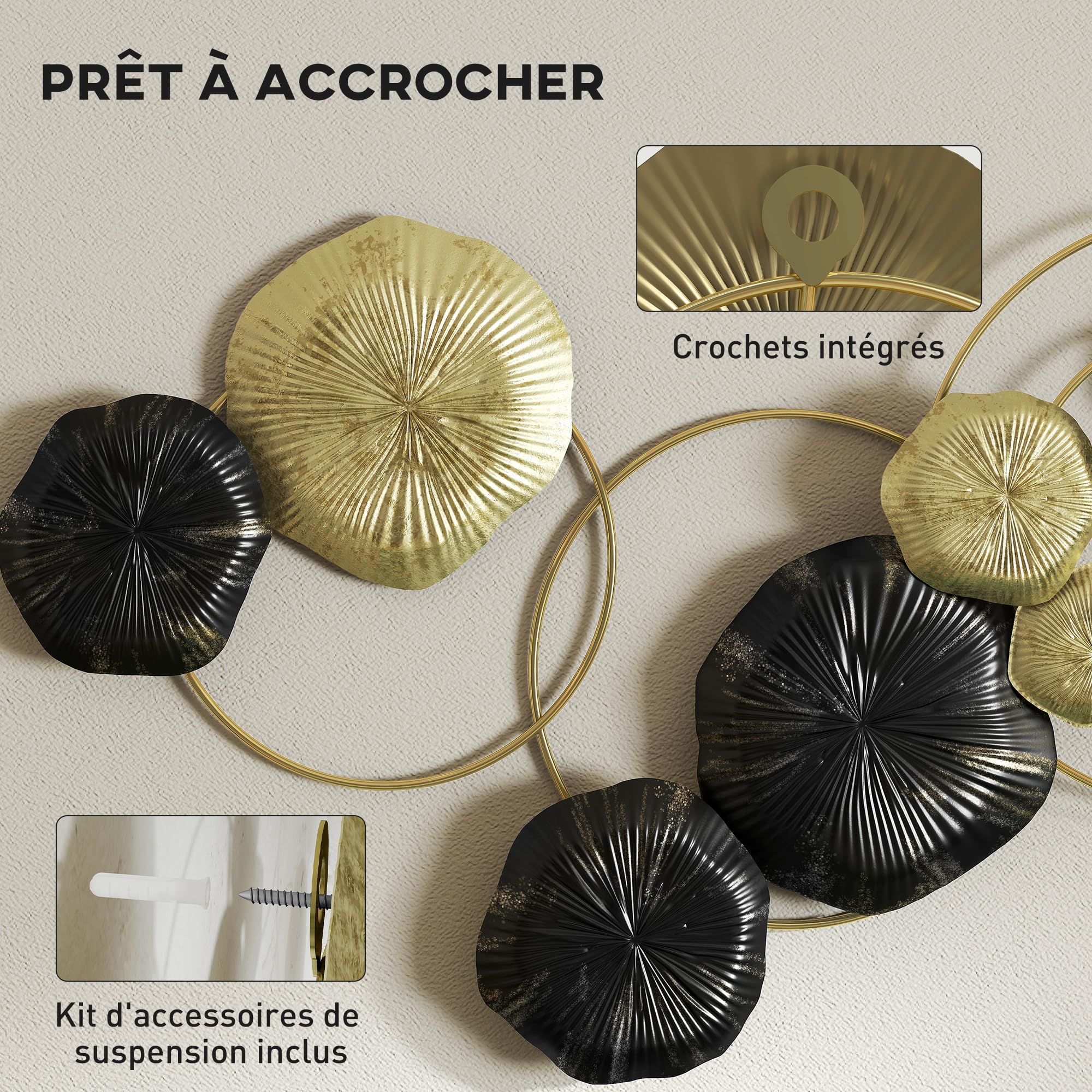 HOMCOM Décoration Murale en Métal Moderne Suspendu 84x35cm Doré et Noir