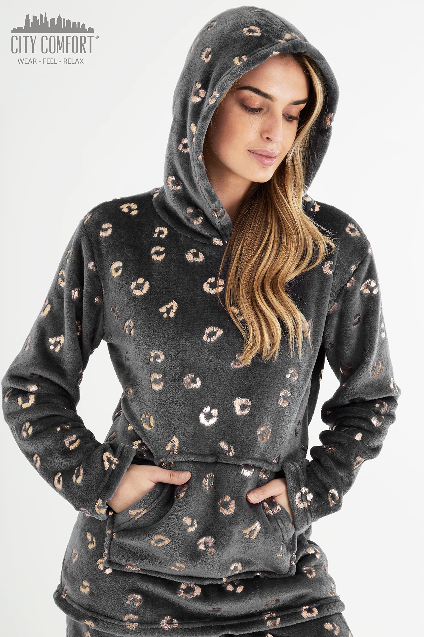 CityComfort Set Pigiama Donna Invernale in Pile, Pigiami con Cappuccio, 2 Pz Abbigliamento da Casa, Regalo Donna Adolescenti
