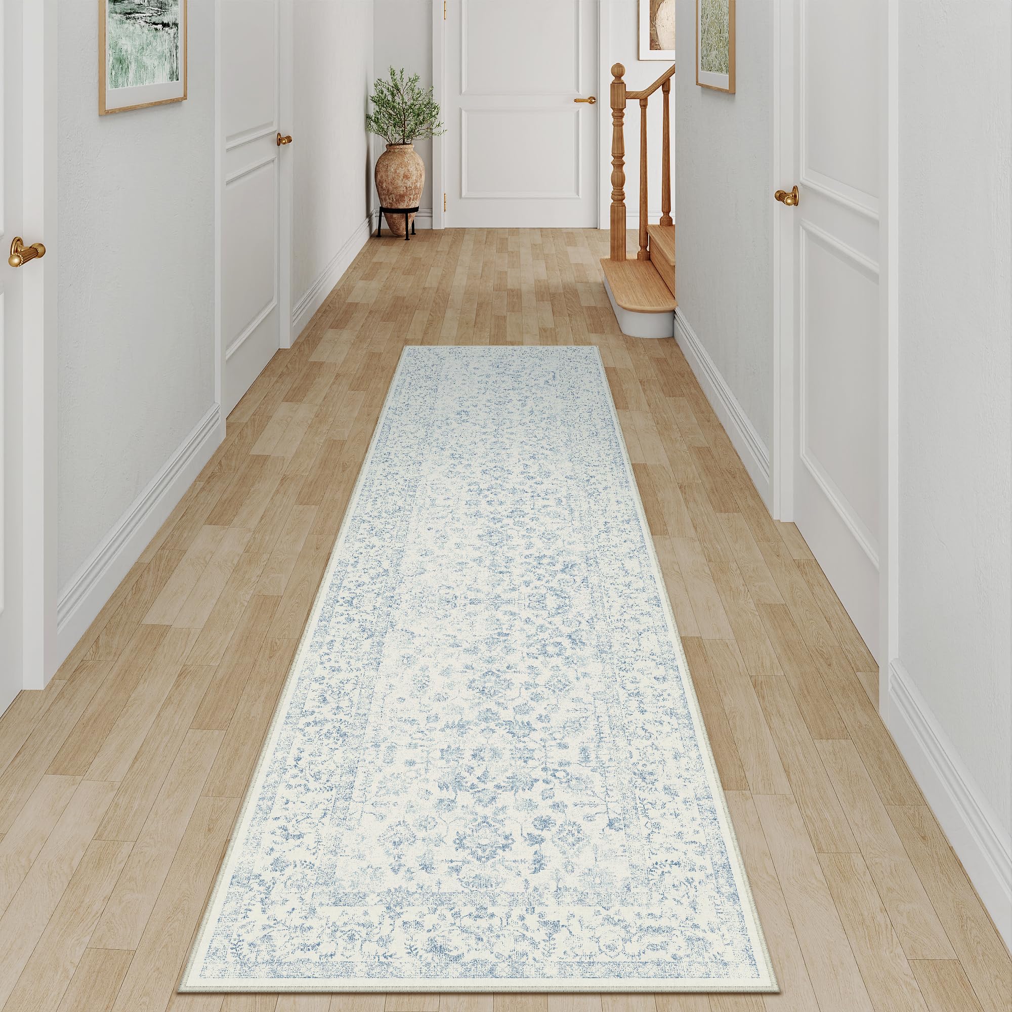 PureCozy 2x8 Blue Runner Rug Washable Hallway Non Slip Kitchen Vintage