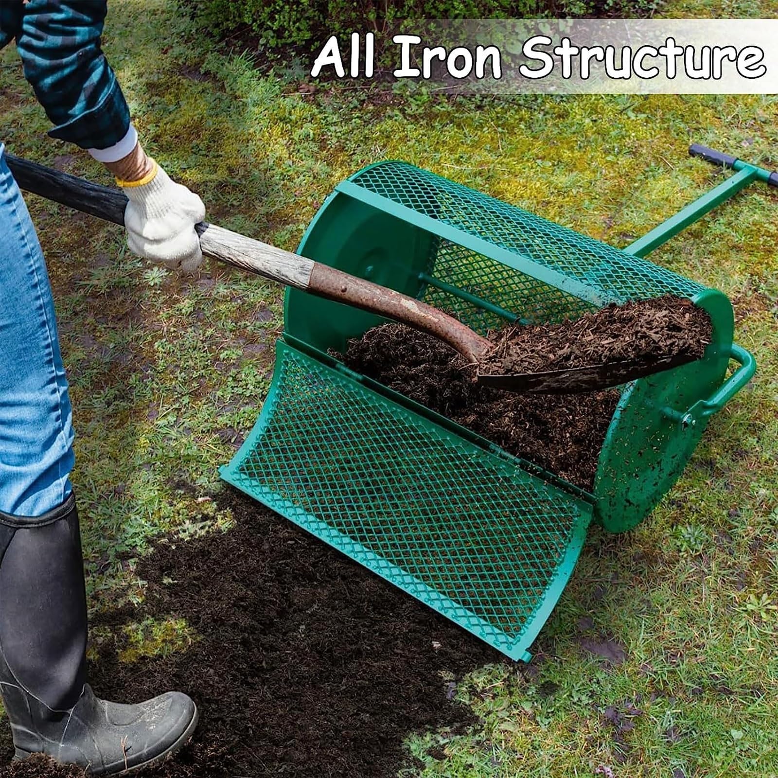 Esparcidor de abono de jardín con mango largo, cesta de malla de metal para césped y césped, fertilizante eficiente para abono y esparcidor de semillas, 40 x 60 cm, ideal para jardineros
