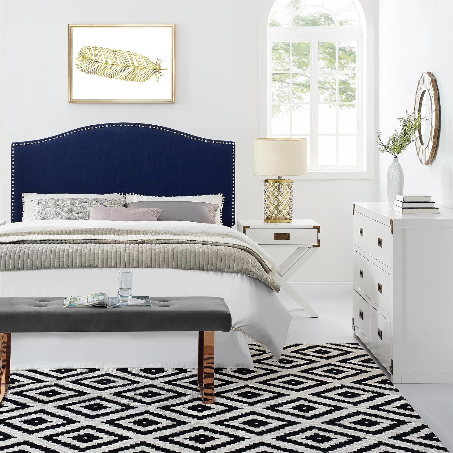 Dorel Living Winsted Linen Full/Queen Headboard with Nailheads, Navy