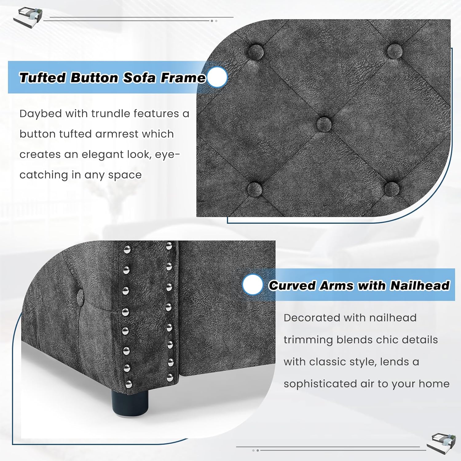 Antetek Daybed with Trundle, Fabric Upholstered Twin Size Button-Tufted Sofa Daybed Frame w/Twin Roll-Out Trundle, No Box Spring Needed, Furniture for Bedroom, Living Room, Guest Room, Grey