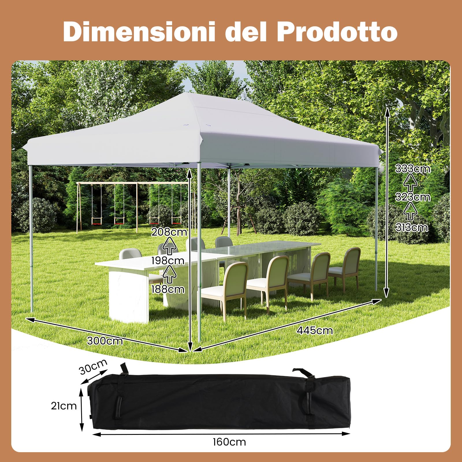 COSTWAY Gazebo Pop-up Pieghevole 3 x 4,5 m, Gazebo da Giardino Impermeabile Altezza Regolabile con Fori di Drenaggio, Tenda da Giardino Antivento con Borsa di Trasporto a Ruote (Bianco)