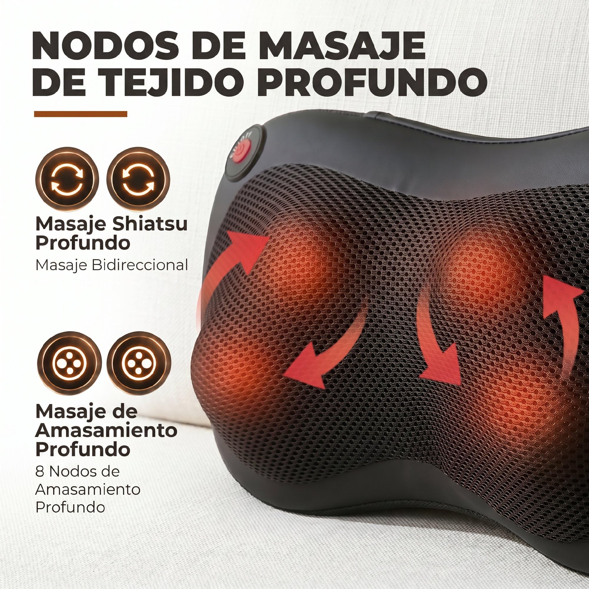 HOMCOM Cojín de Masaje Shiatsu con Calor y 4 Nodos, Amasado Giratorio 3D | Masajeador de Espalda y Cuello, Alivio de la Fatiga Muscular, para Mujer y Hombre, en Casa, Oficina y Coche