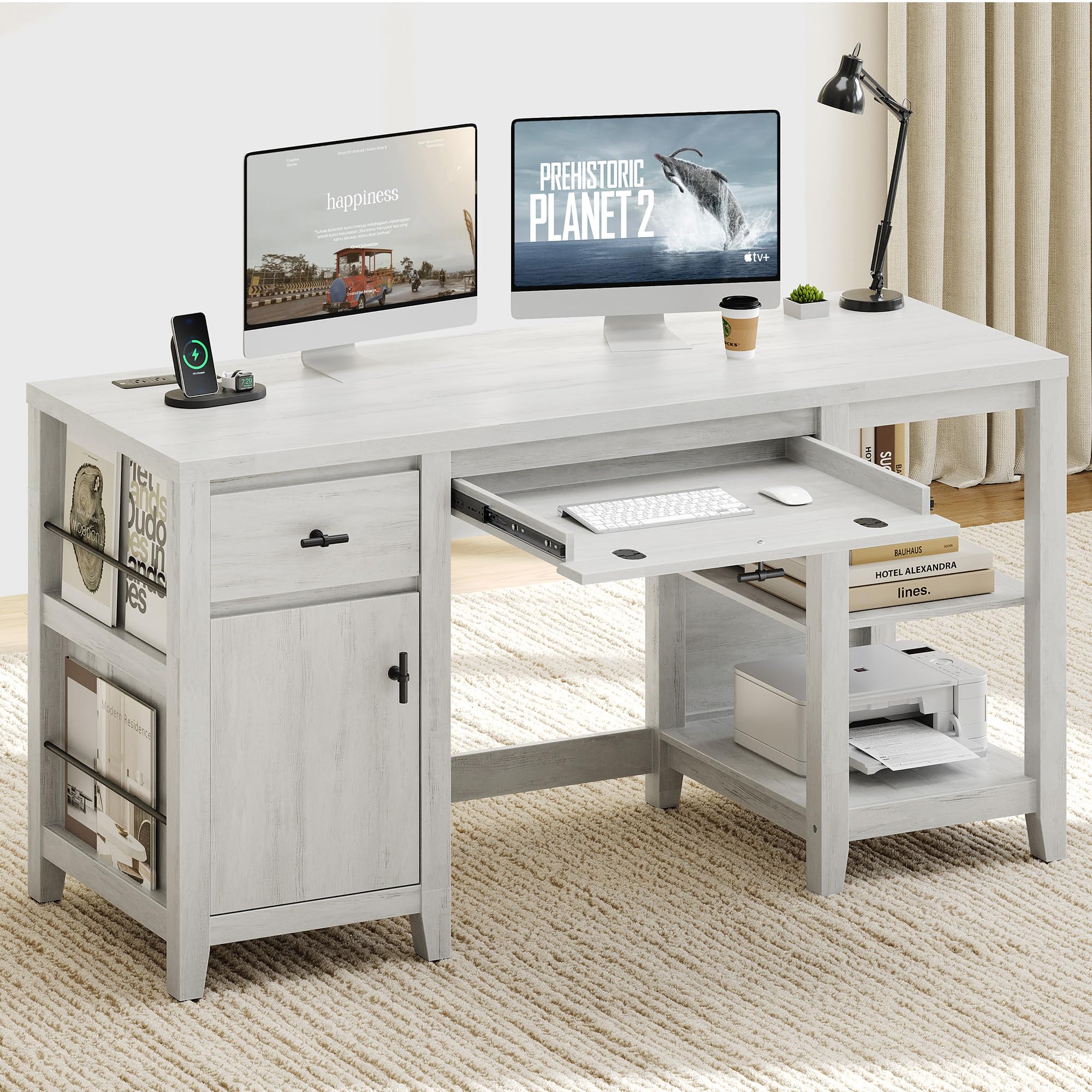 58" Executive Desk with Foldable Keyboard Tray and Charging Station, Farmhouse Wood Home Office Desk with Drawers and Magazine Rack, Large Writing Computer Desk for Home Office and Study, White