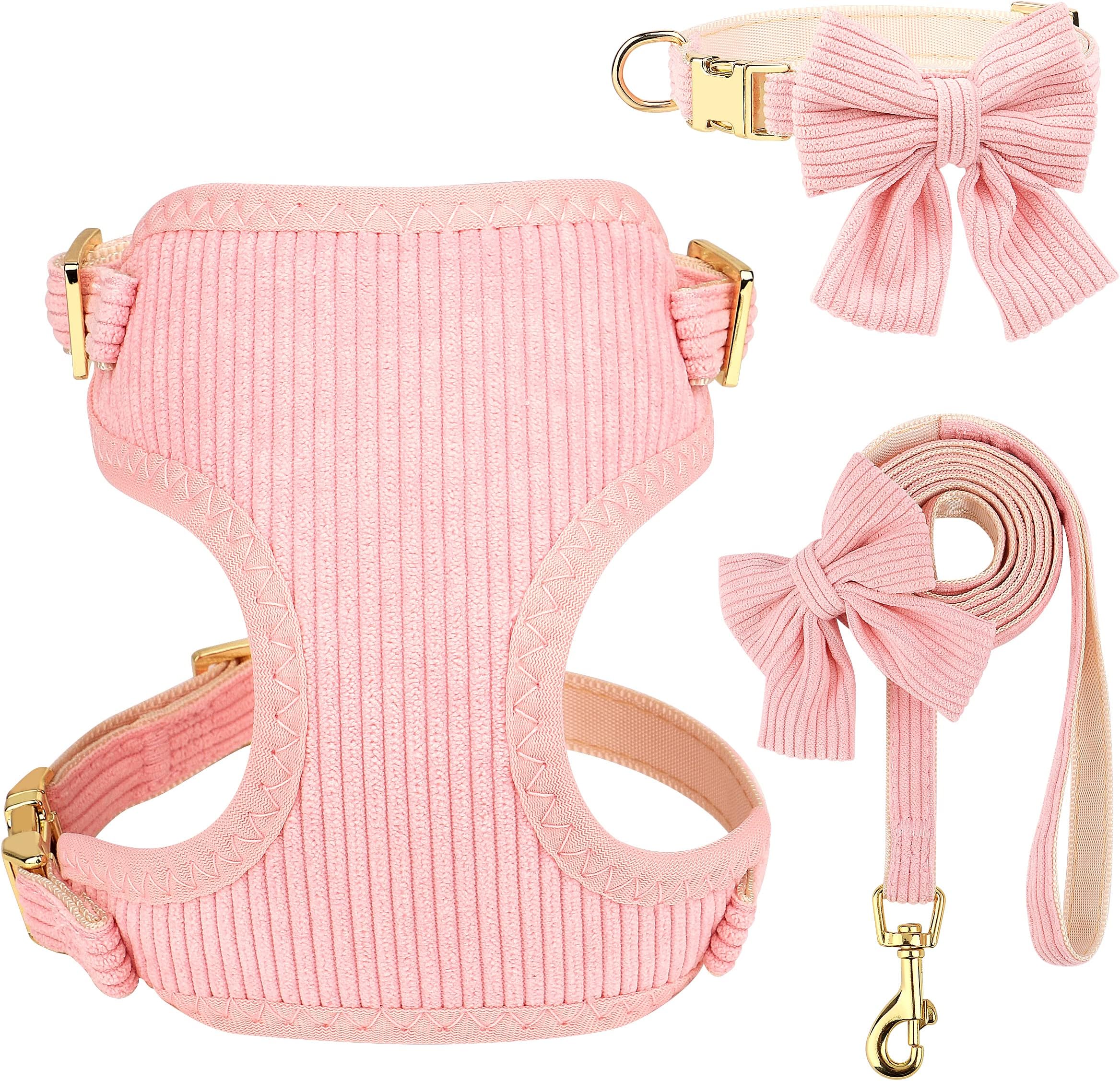 Cute Small Dog Harness Collar and Leash Set with Bowtie, Breathable Soft Mesh Padded Puppy Harness, Pink Dog Harness for Parties, Holiday Gatherings & Gifts, Pink, S