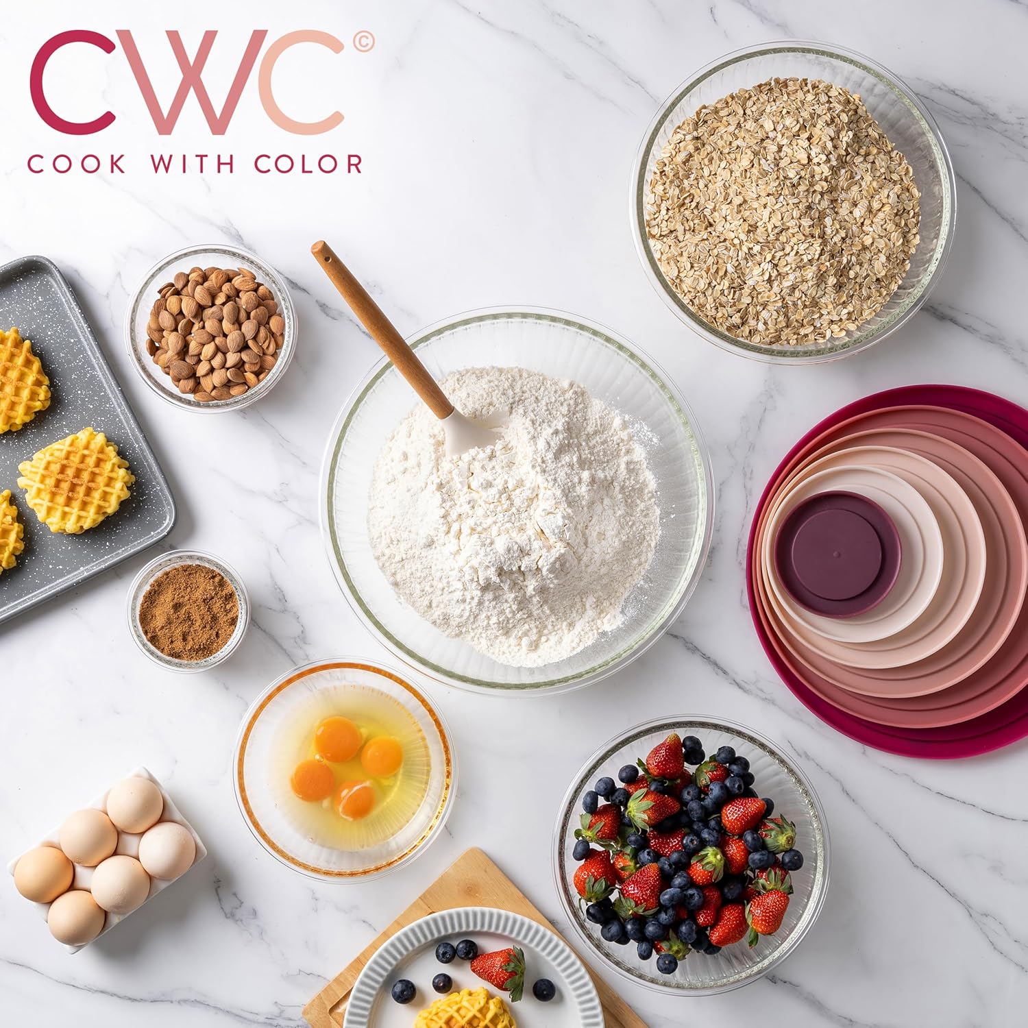 COOK WITH COLOR 12 Pc Glass Mixing Bowl Set with Lids – Borosilicate Glass Nesting Bowls for Cooking, Baking and Meal Prep, Fluted Rose - Image 2