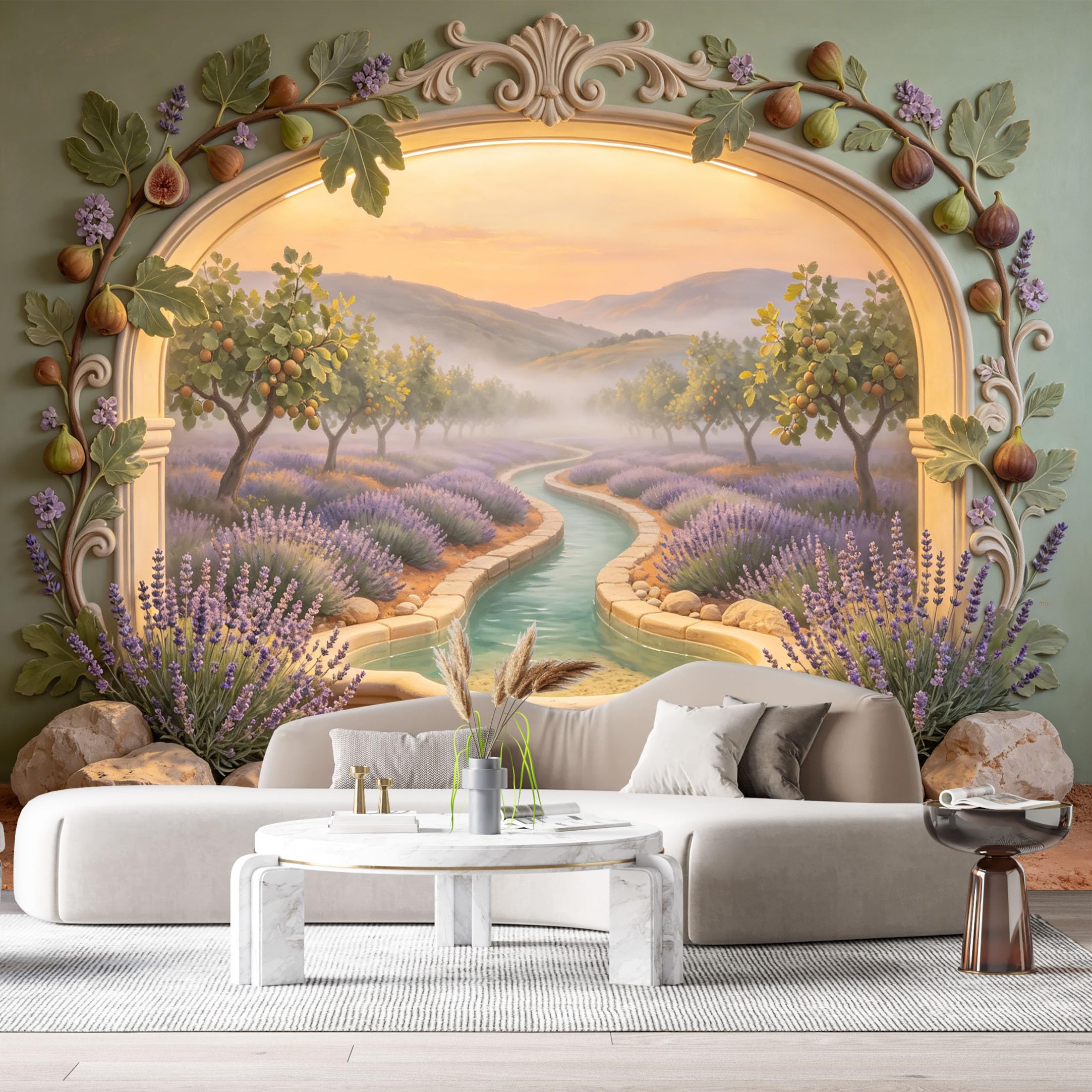 Custom Size Wall Murals Lavender Creek Orchard Landscape Neoclassical 3D Trompe L'Oeil SelfAdhesiveWall Fabric Removable Wallpaper Wall Decor for Living Room Bedroom Bathroom