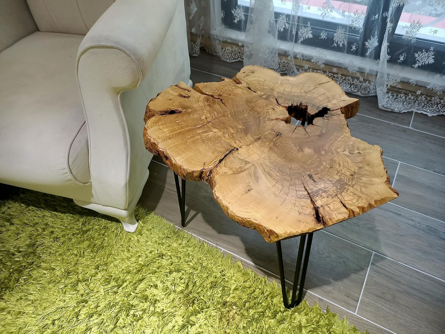 Olive Side Table Natural Live Edge end Table 24" Length with Black Legs Rustic Coffee Table Nesting Table l