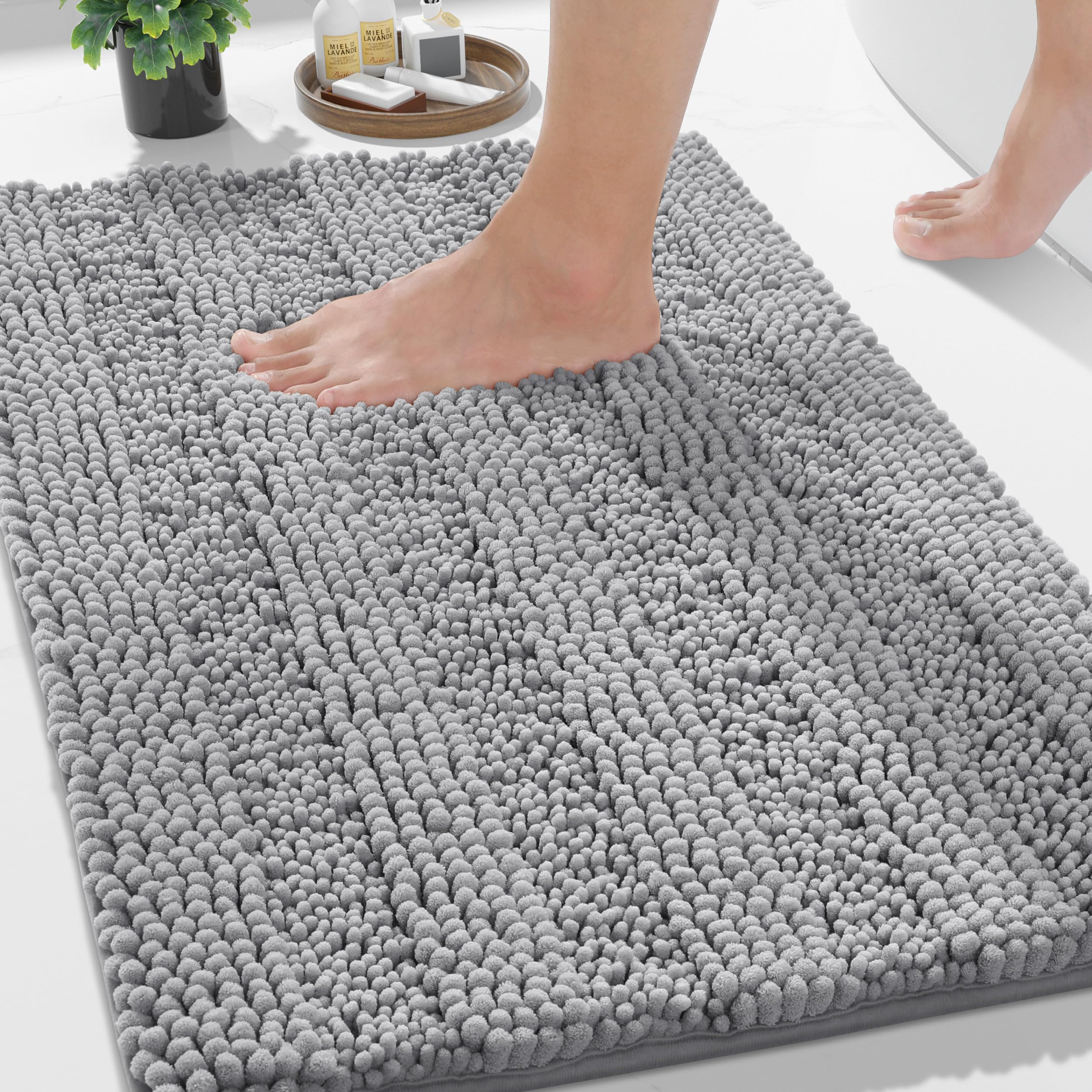 Yimobra Bathroom Rug Mat 24 x 17, Non Slip and Super Absorbent Bath Mat,Machine Washable Quick Dry,Ultra Plush Chenille Shower Rugs for Bathroom Floor Sink Tub and Shower Outside, Grey