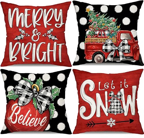 DFXSZ Juego de 4 fundas de almohada de Navidad de 18 x 18 pulgadas, diseño de lunares blancos y negros con texto en inglés "Merry and Bright