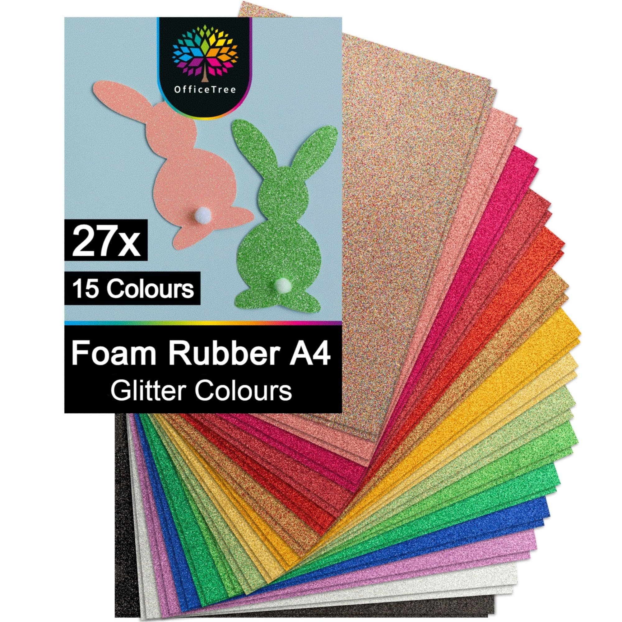 Officetree Assorted Colours 27X Glitter Foam Sheets Colourful 2Mm - 15 Colours - 2Mm - Foam Paper For Crafting 8.3 X 11.7 In - Eva Foam Rubber Sheets A4 For Diy Arts & Scrapbooking