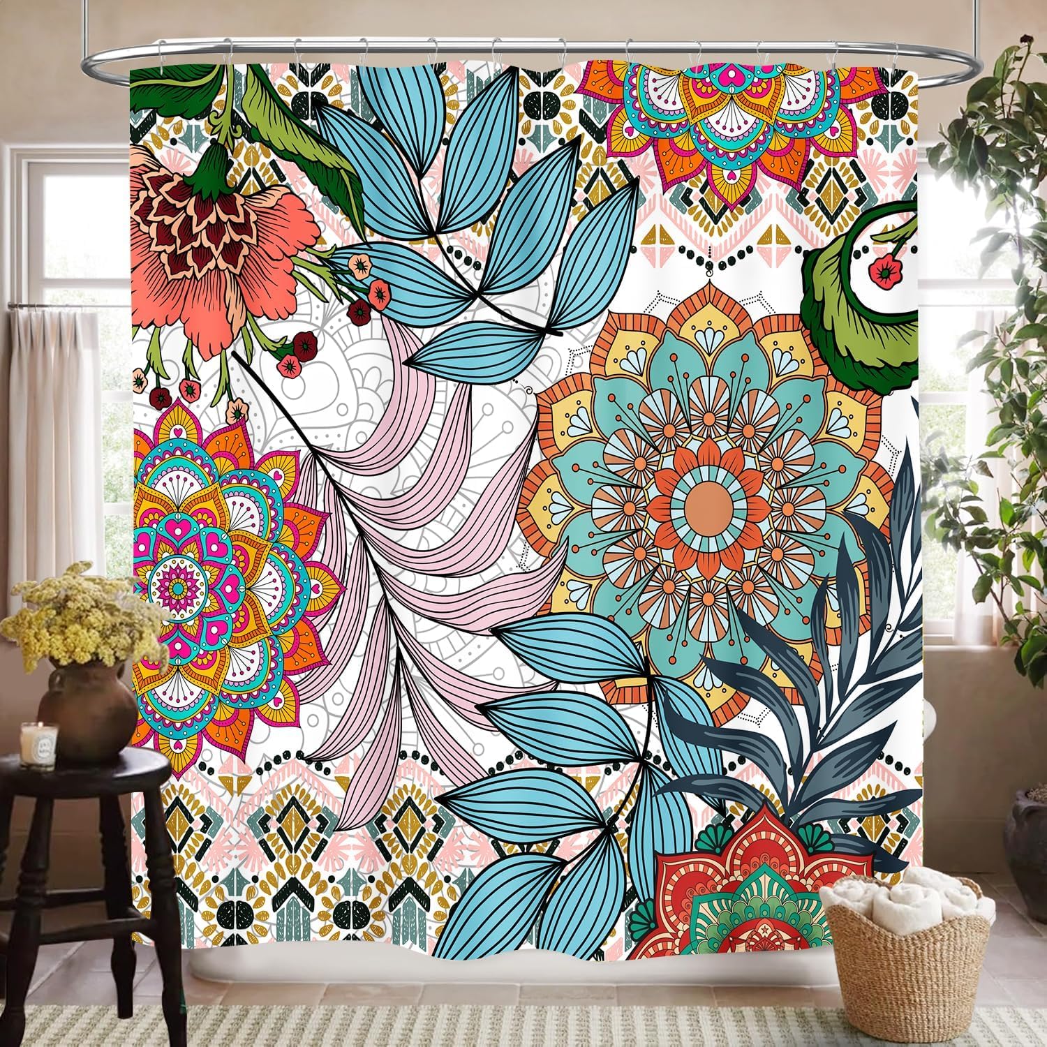 GLKSDLPO Boho Floral Shower Curtain Vintage Mandala Tropical Leaves Paisley Medallion Rustic Waterproof for Bathroom with Hooks(180x180cm/71x7in(WxH))