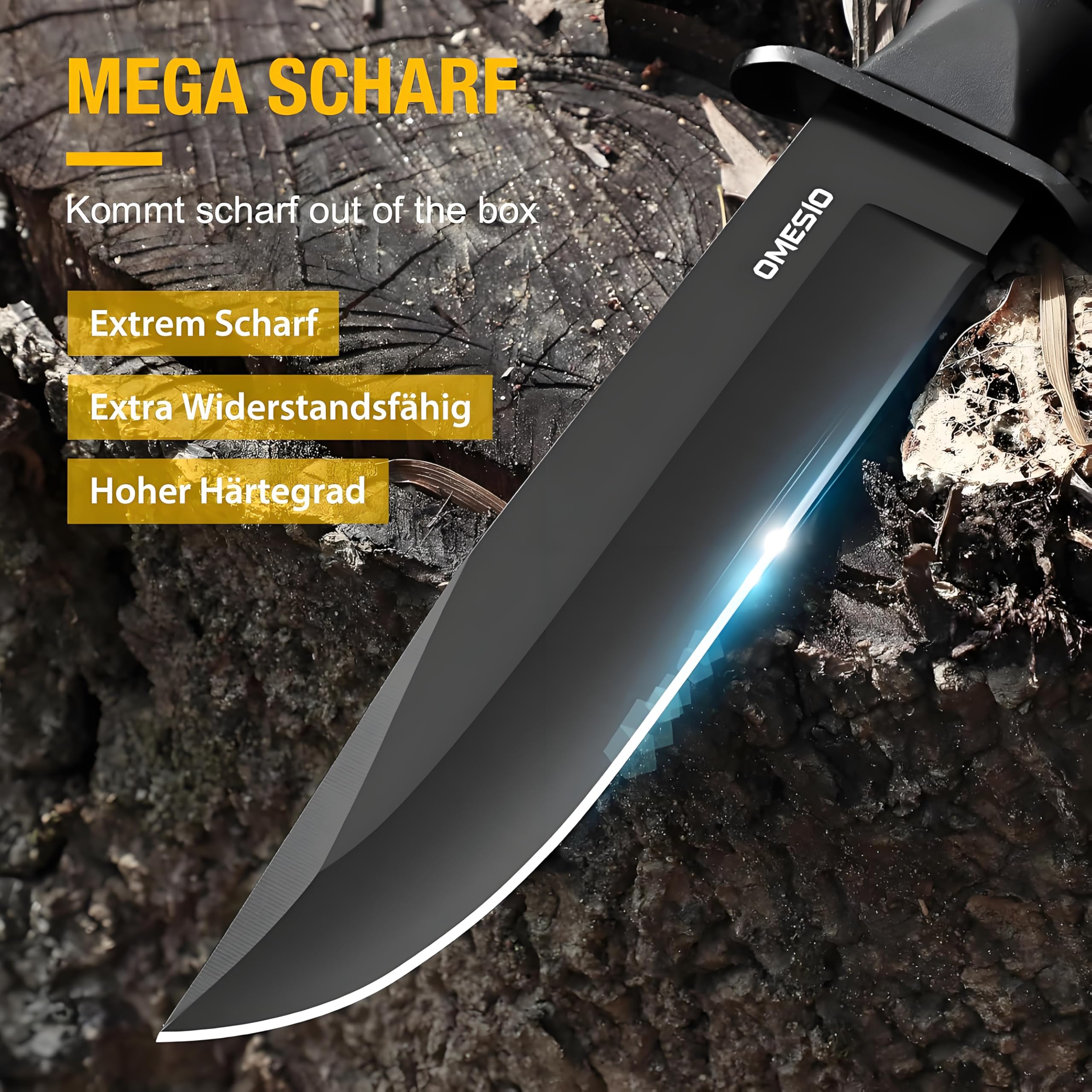 Omesio Couteau D'extérieur, Couteau De Survie, Couteau De Survie, Couteau De Randonnée à Lame Fixe, Couteau Fixe Noir