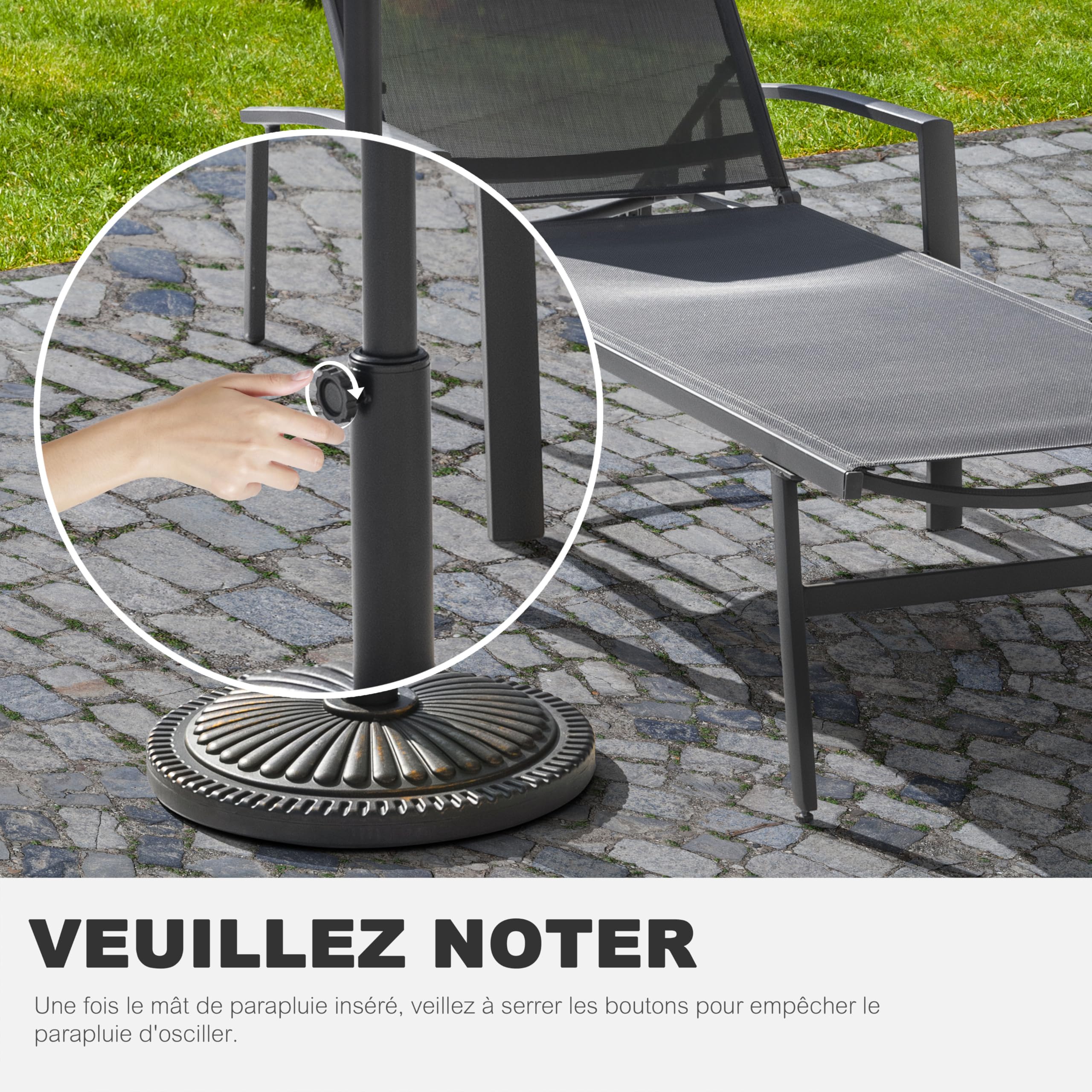 Avestar 15 kg Pied de Parasol Rond pour l'Extérieur, Socle Lesté avec Bouton Rotatif pour Mâts de Parasol Ø38-48 mm, Adapté pour Le Jardin, la Terrasse, Noir avec Bord Doré