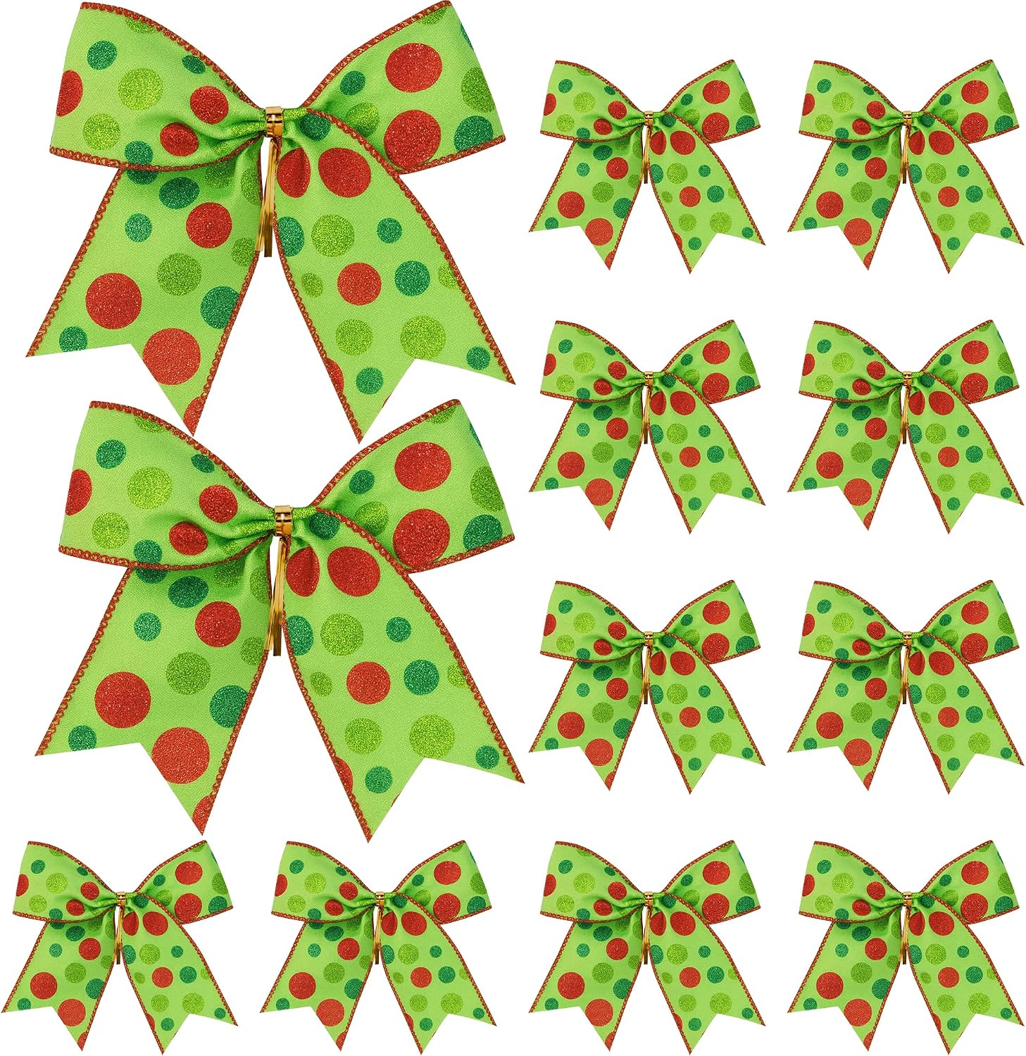 12 Pcs Red Green Christmas Bows, 6 Inch Large Christmas Wreaths Bows for Xmas Tree, Dot Ribbons Ornaments for Garland Wedding Party Decoration